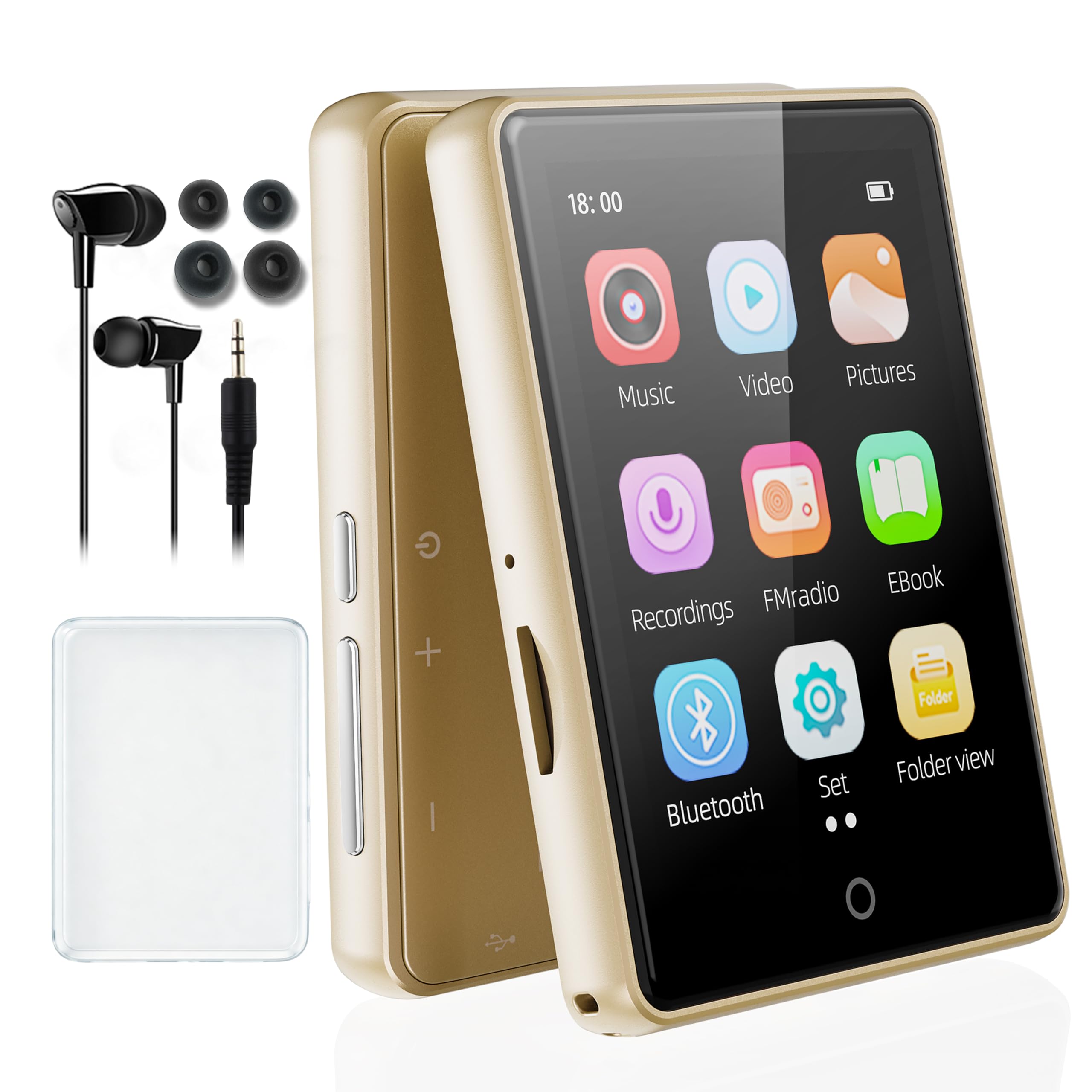 Lecteur MP3 Bluetooth 5.3 64Go 2.8" Écran HiFi Audio MP4 Baladeur Sport Radio FM Podomètre Enregistreur Carte 128Go Or