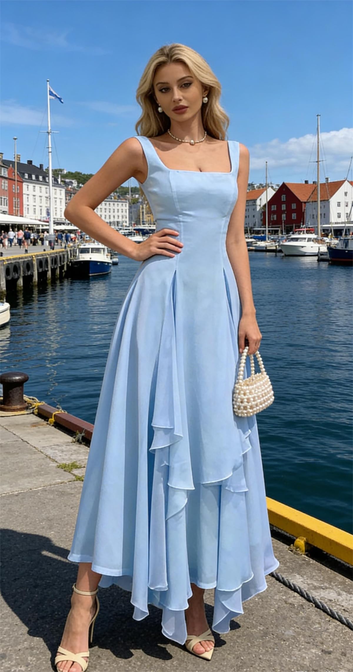 Damen Abendkleid Damen Lang Elegant Brautjungfernkleid A-Line Rüschensaum Festkleider Für Hochzeiten