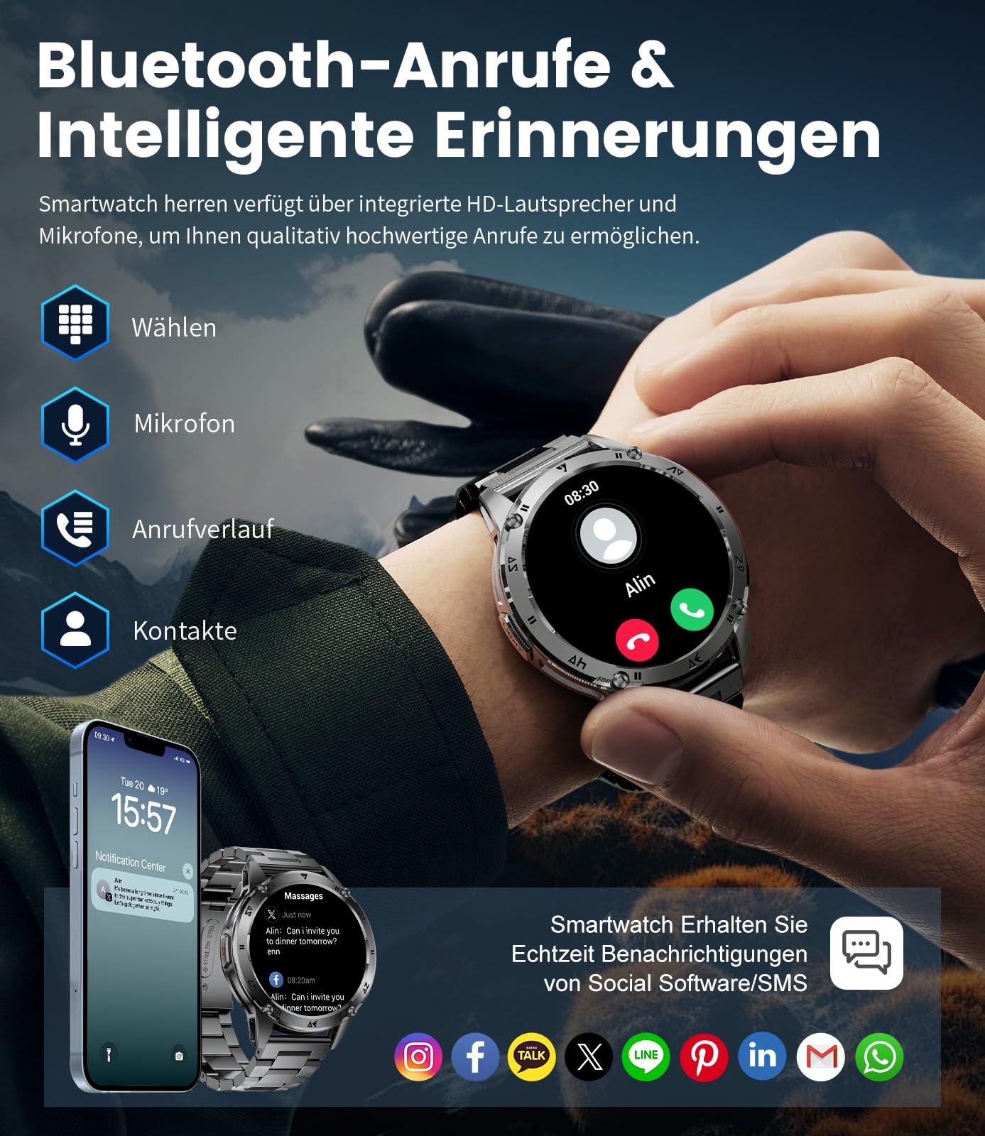 FITFLEX Smartwatch Herren Militär mit Telefonfunktion, 1,43'' AMOLED Smart Watch mit 530mAh Akku, Taschenlampe, Herzfrequenz, Schlafmonitor, 120+Sportmodi IP68 Wasserdicht Sportuhr für Android iOS