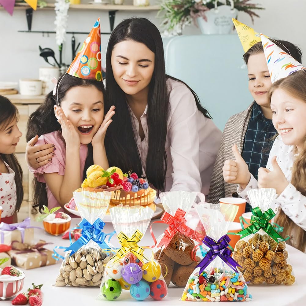 100 Sacchetti in Cellophane Trasparente 14x20 cm, Sacchetti Trasparenti per Alimenti con 100 Fiocchi e Lacci Intrecciati per Caramelle, Biscotti e Altre Confezioni Regalo
