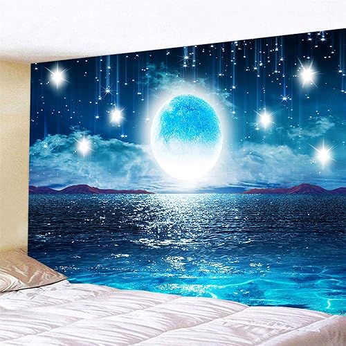 Miniatura 4 de Tapiz grande para colgar en la pared, diseño de cielo estrellado, océano, luna y estrellas, para el hogar, galaxia cósmica 3D, decoración de