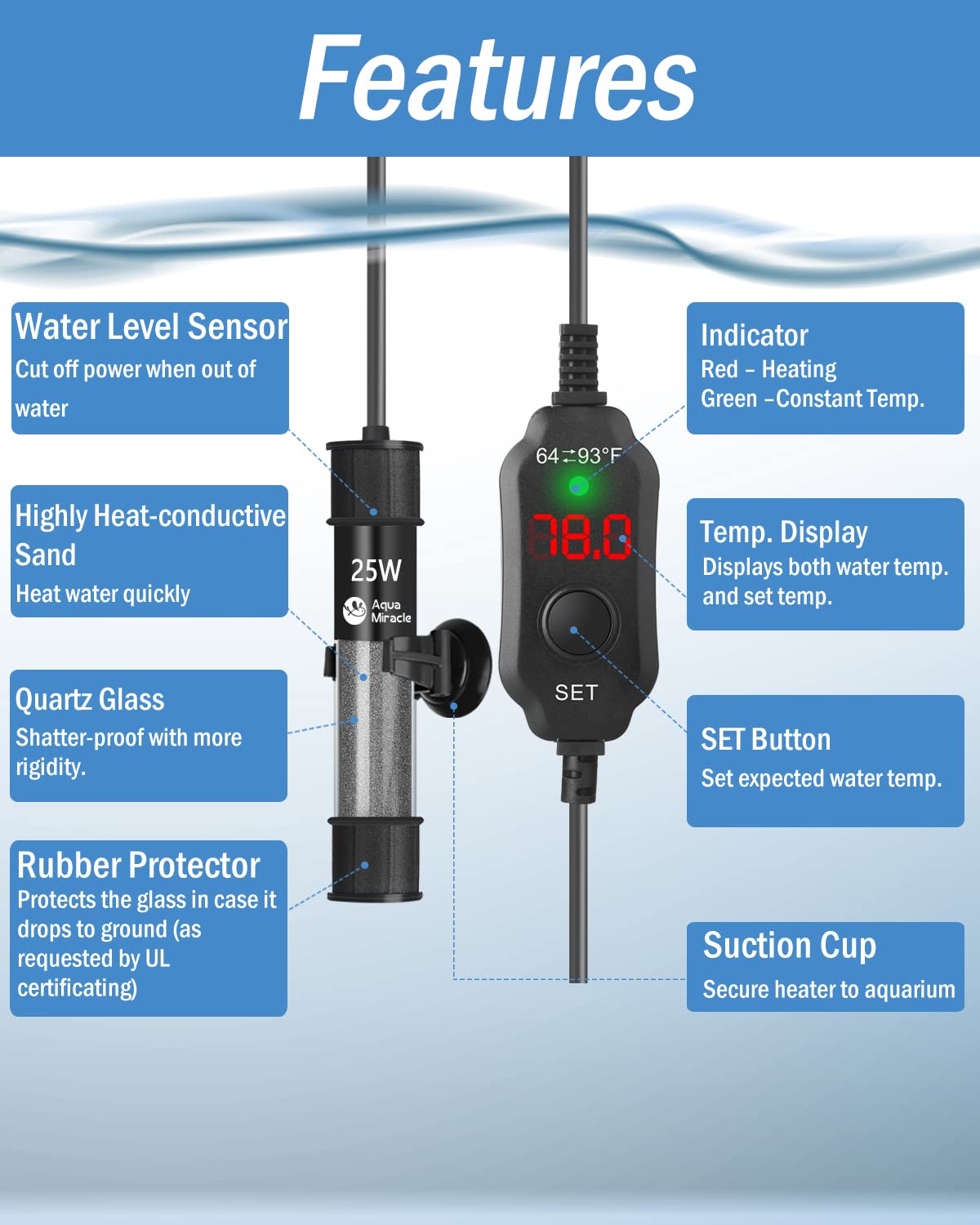 AquaMiracle Calentador de acuario ajustable de 25 W, sumergible, calentador de acuario súper corto con termostato de pantalla digital LED, para tanques de 3 a 5 galones