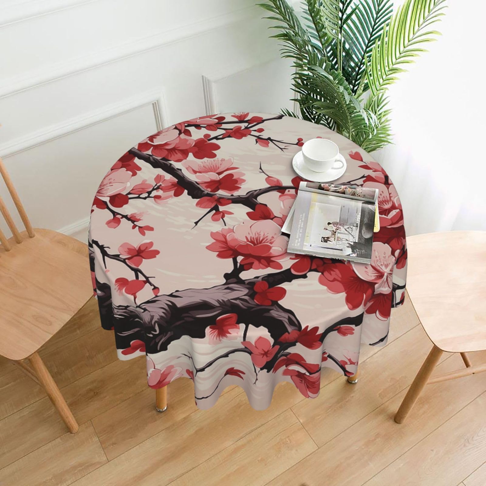 FodPand Japanese Floral Cherry Blossom Tablecloths for Round Tables 60 Inch - Reusable Washable Dining Table Clothes - Stain and Wrinkle Resistant Decorative Fabric Table Cover for Wedding Party