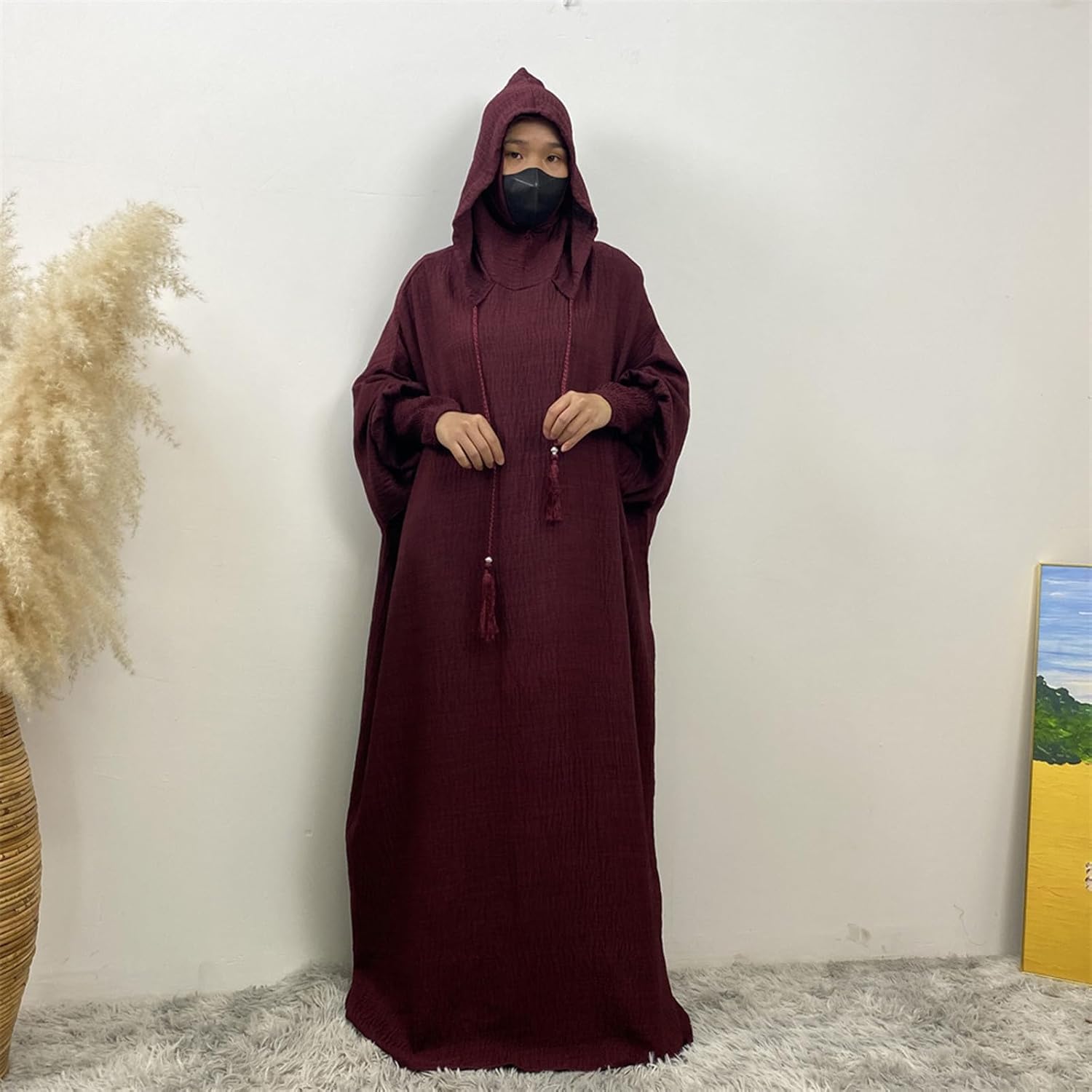 FZYLQY Womens Muslim Abaya Long Sleeve Hooded Kaftan Maxi Dress Loose Fit Islamic Jilbab with Tassel Details for Prayer