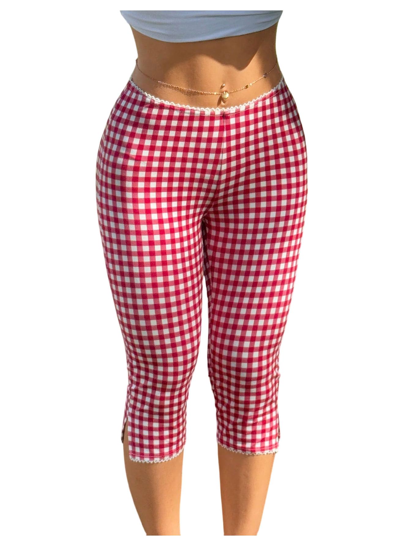 Women’s Gingham Split Leggings Lace Low Rise Elastic Waist Skinny Capri Pants-image-21