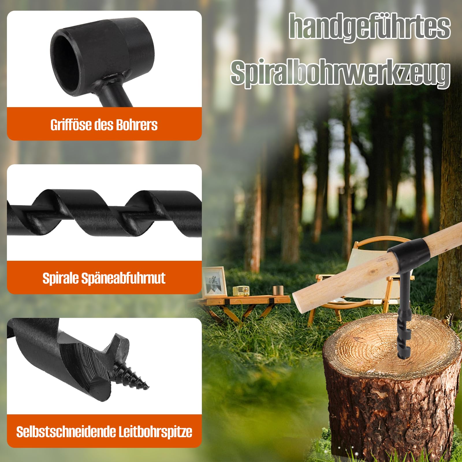 Holzbohrer Manuell Bushcraft, 4-teiliges Handbohrer Outdoor Mit Holzstab, Holz Handbohrer Bushcraft Set, Bushcraft Bohrer für Holzbearbeitung, Outdoor Survival, Camping, Bushcraft Arbeiten