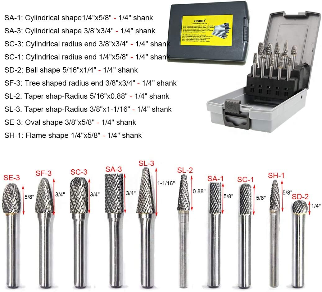 Carbide Burrs Set 1/4 Inch Shank Double Cut Solid Carbide Rotary Burr Set for Die Grinder Drill, Metal Carving, Polishing, Engraving, Drilling(10pcs)