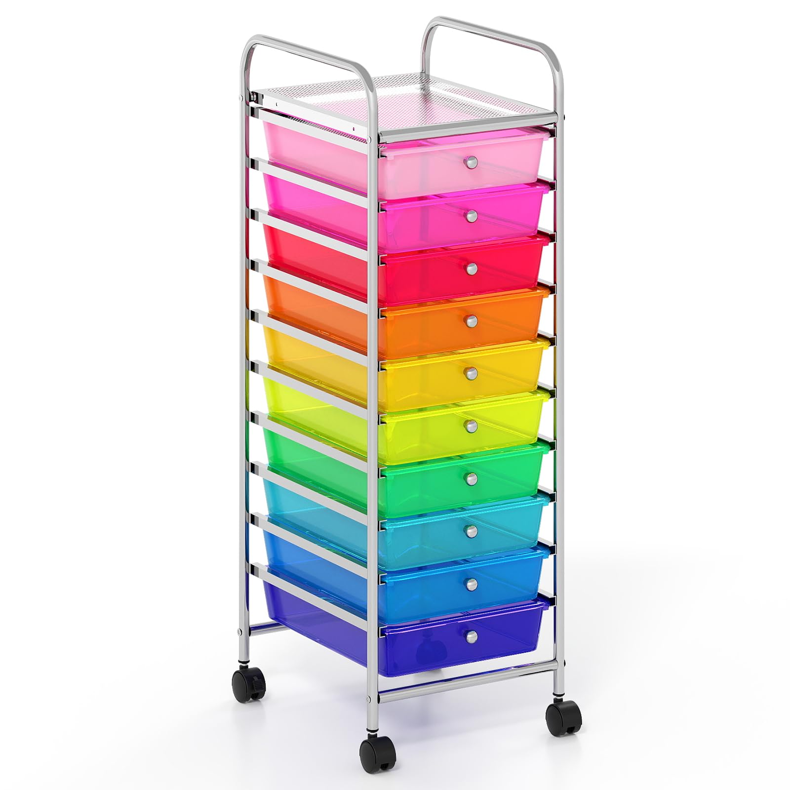 Giantex Carro de Almacenamiento 10 Cajones de Plástico, Cajonera con 4 Ruedas, Carrito Auxiliar con Marco de Metal, Organizador para Oficina, Salón, Cocina (Transparente Colorido)