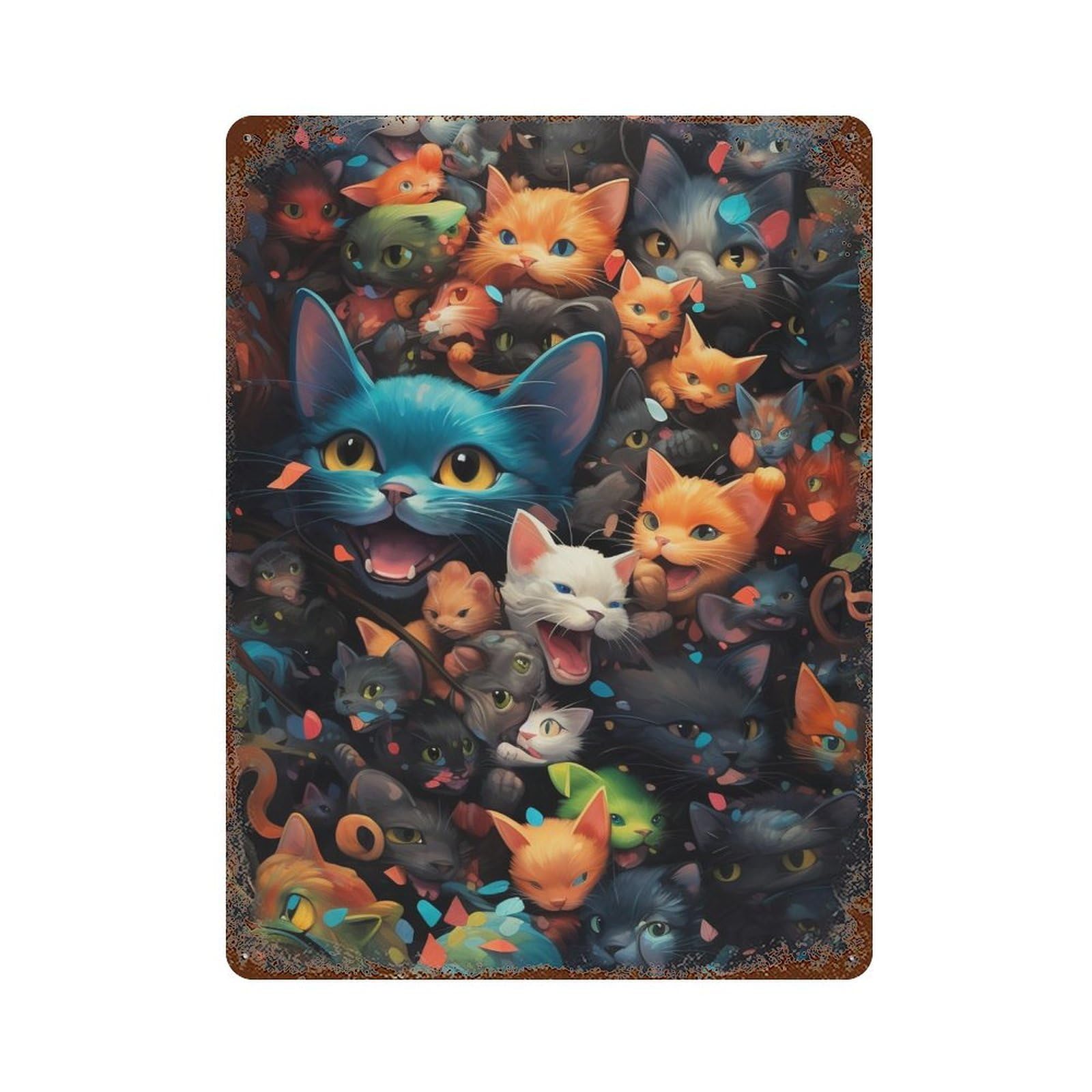 Colorful Cat Collage Retro Metal Sign 15.7"x11.8", Novelty Wall Decor for Farmhouse, Kitchen And Entryway Decor