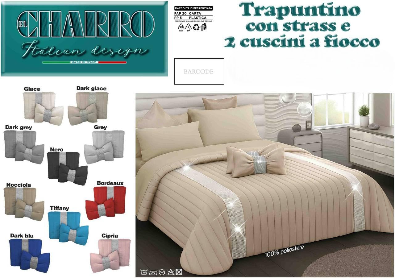 Trapuntino Copriletto Letto Matrimoniale 2 Piazze Charro con Balza Strass + 2 Cuscini Fiocco - Elegante, Moderno (Blu)