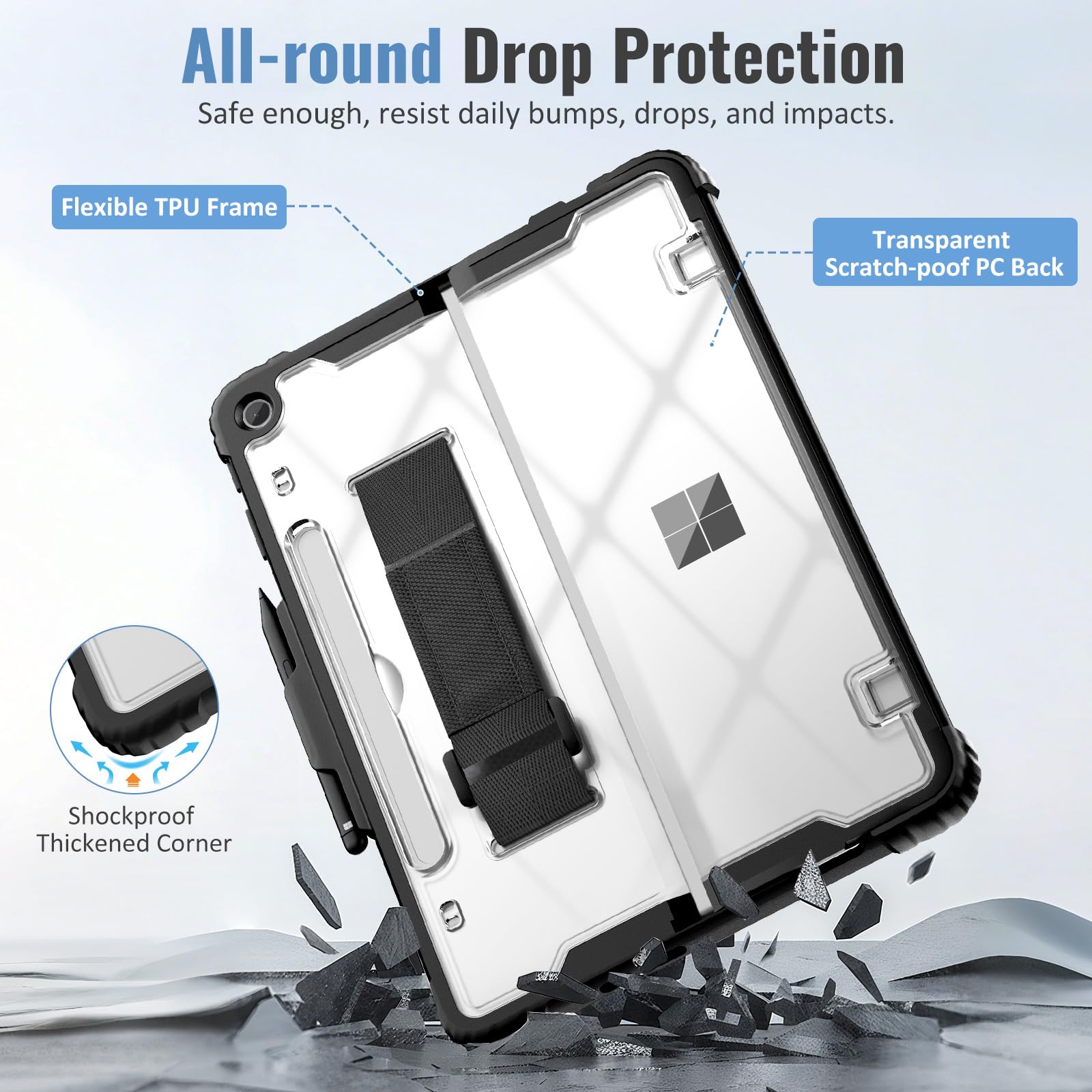 TiMOVO Case for Microsoft Surface Pro 12 Inch 2025 with Pen Holder, Rugged Clear Back Protective Cover with Removable Hand Strap, Compatible with Type Cover Keyboard, Black