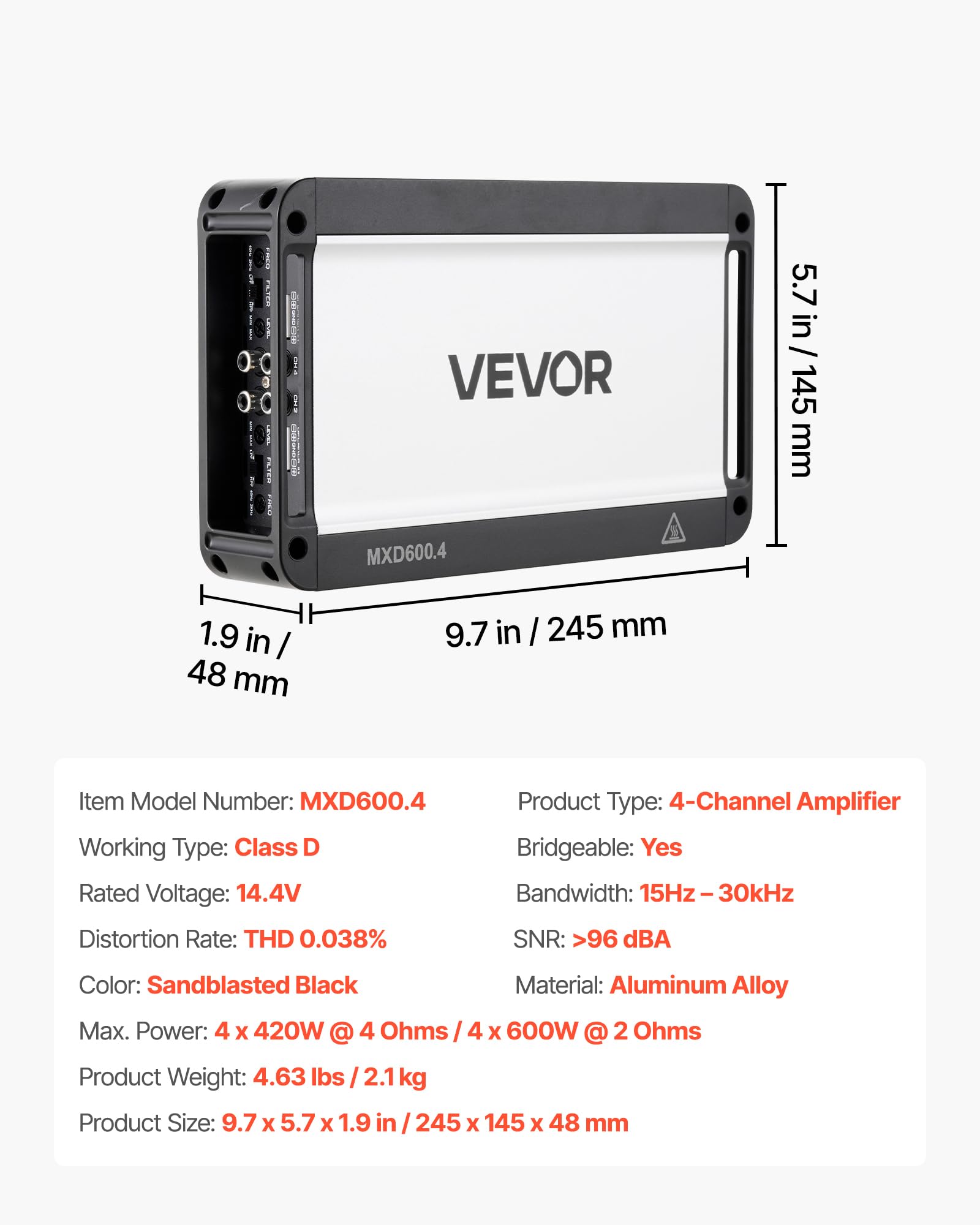 VEVOR Amplificateur Audio Voiture, Ampli de Puissance à 4 Canaux Pontables pour Subwoofer, Classe D à Gamme Complète, Amplificateur Multicanal Stéréo Max. 4x420 W sous 4 ohms/4x600 W sous 2 ohms