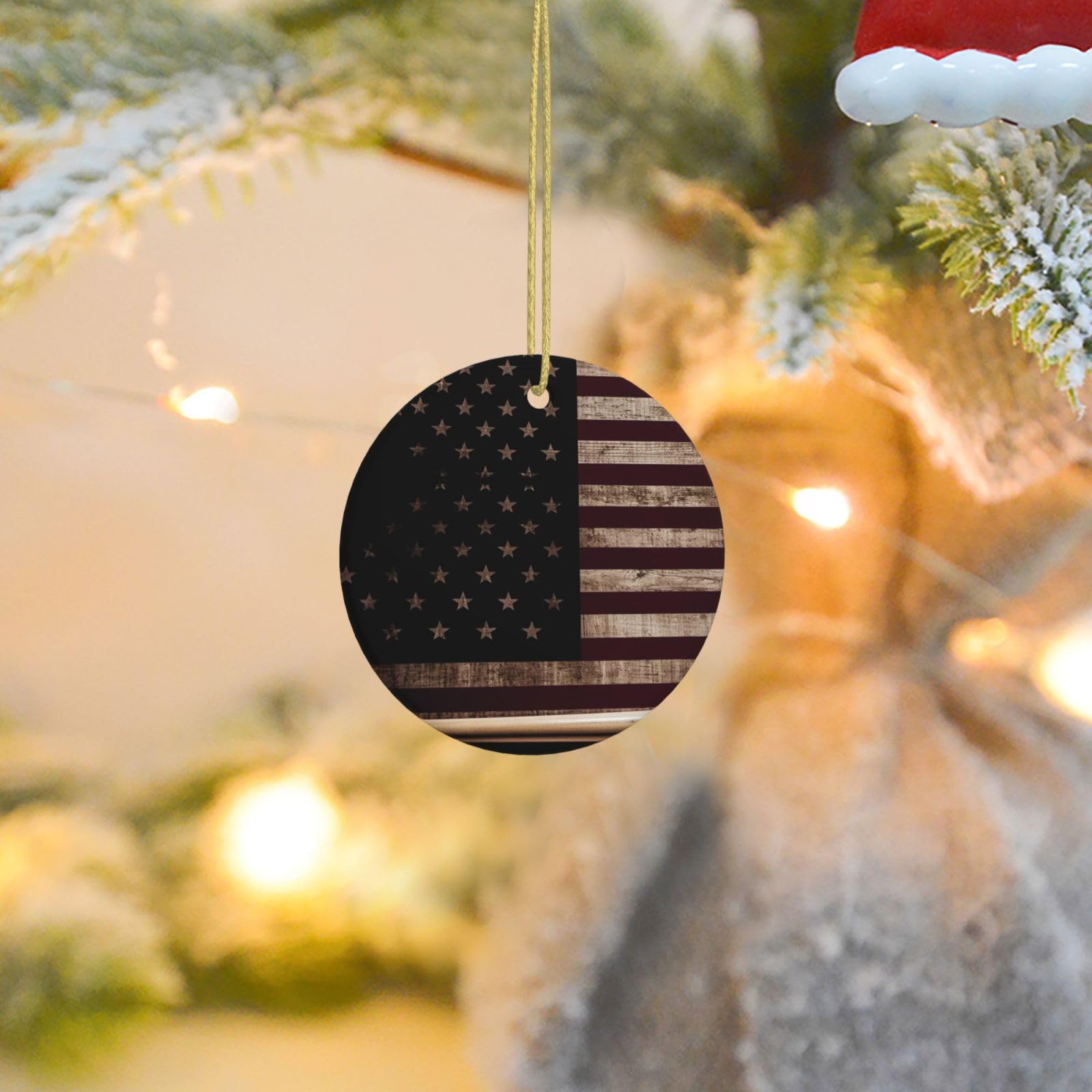 Christmas Tree Ornaments Ceramics Christmas Round Decorations American Flag and Baseball bat Ceramics Ornaments Circle Pentagram Xmas Tree Hanging Pendant for Christmas Tree Party Holiday Home Decor
