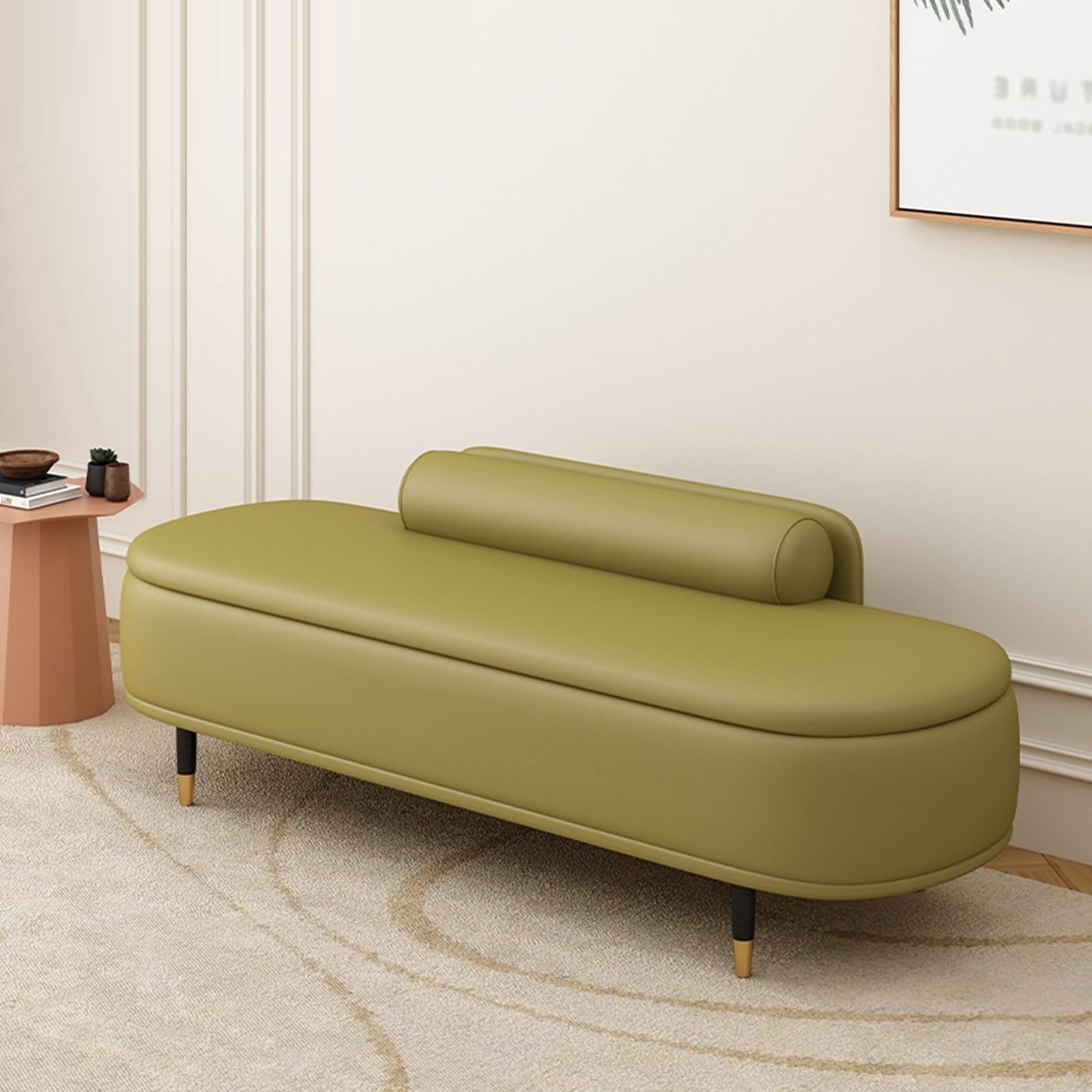 Elegante ottomana con schienale verde oliva, 180 cm, panca portaoggetti e poggiapiedi per soggiorno, camera da letto, soluzione funzionale per ingresso