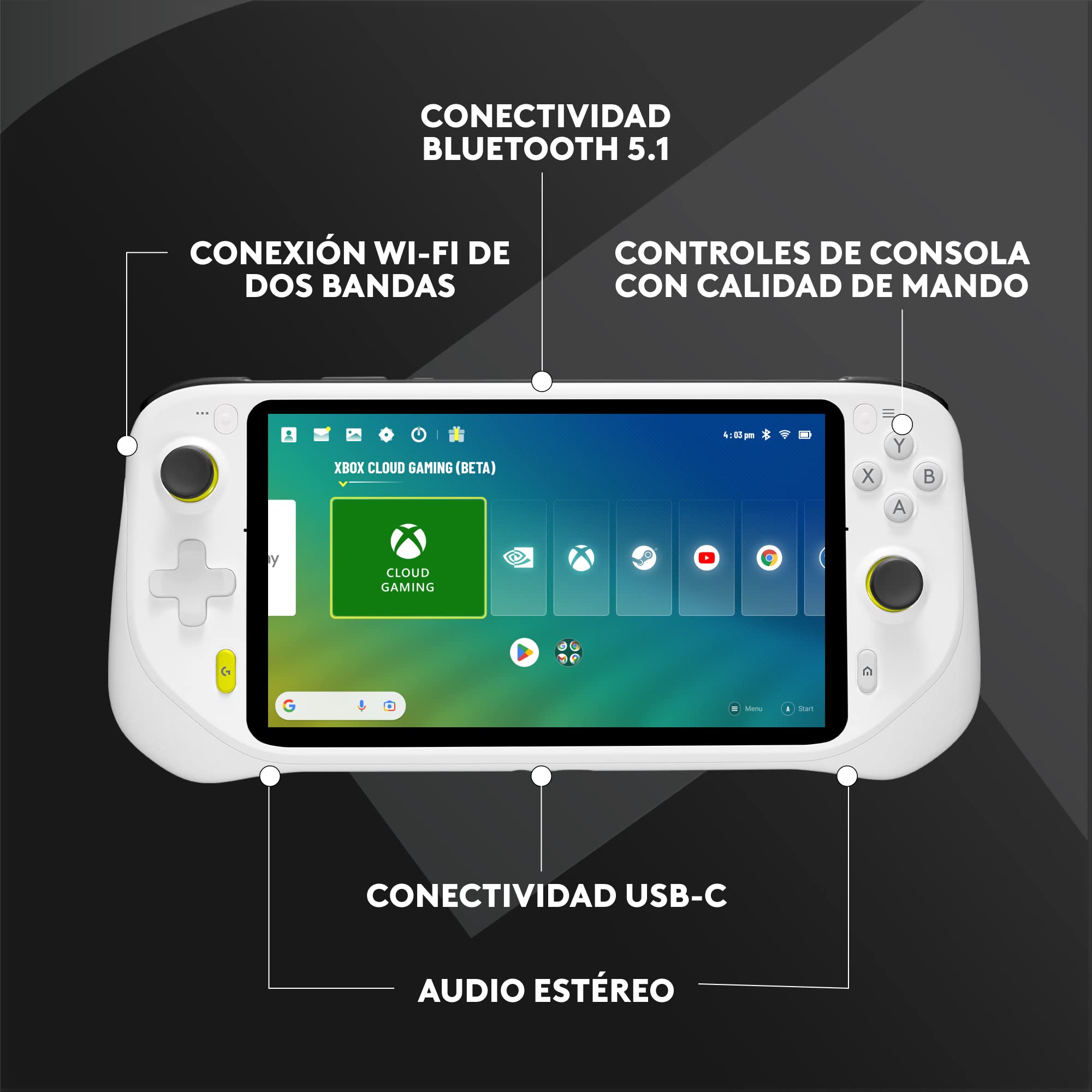 Logitech G Cloud Gaming Handheld, consola portátil con batería de larga duración, pantalla táctil 1080P de 7 in, Xbox Cloud Gaming, NVIDIA GeForce, Google Play - Blanco