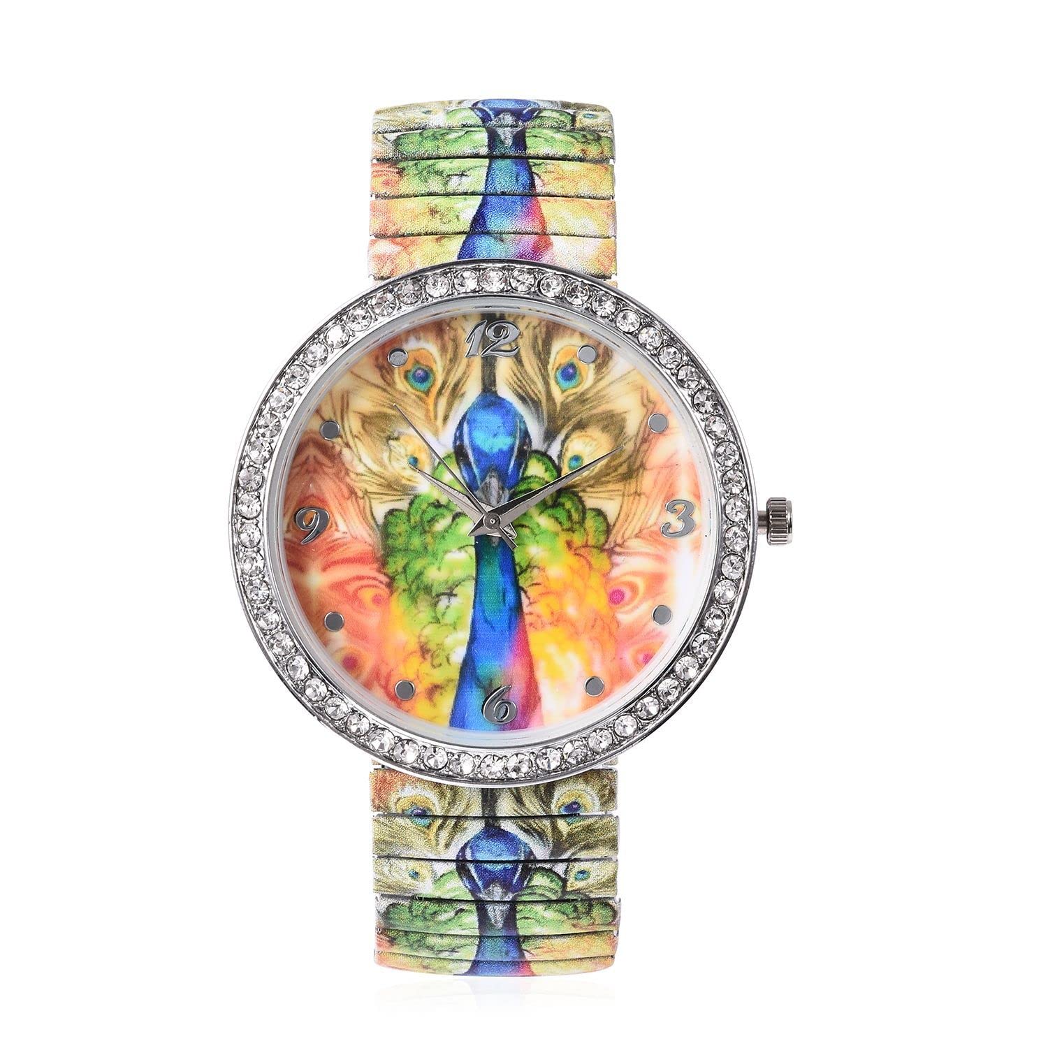 Shop LC Delivering JoyShop LC Bling Watch - Stainless Steel Crystal Studded Stretch Band Wrist Watch - Butterfly & Peacock Ladies Wristwatch Bracelet - Stretchable Animal Watches for Women - Japanese Movement Gifts