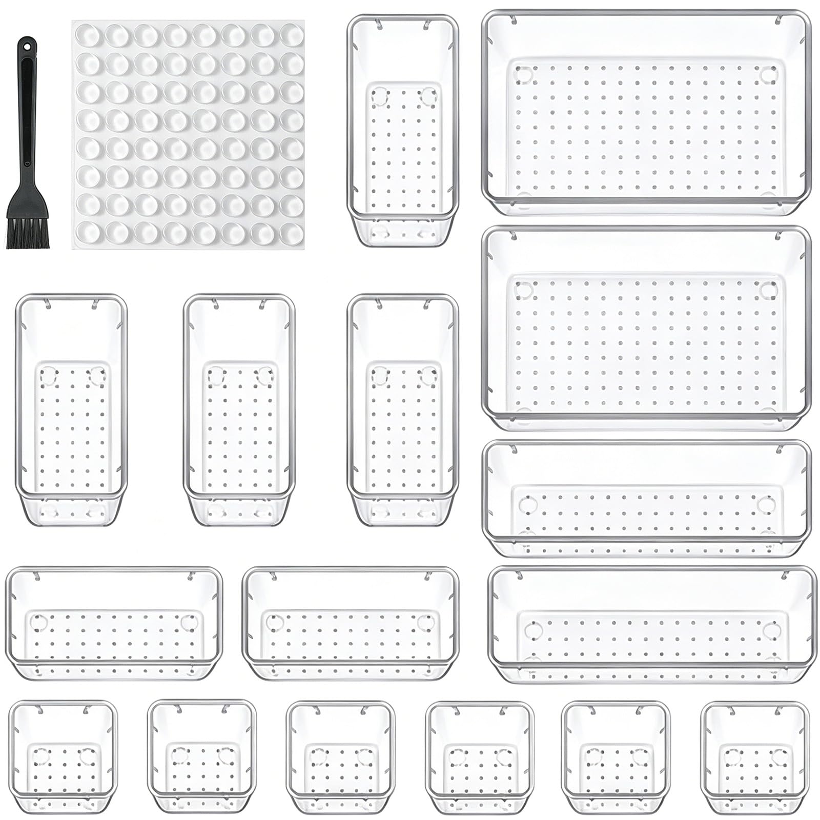 Desk Drawer Organiser, 16 Pack Large Kitchen Acrylic Drawer Storage Box Set Fridge Organiser Clear Plastic Dressing Table for Utensils Makeup Office Multifunctional Sundries Organizing & Dividing Box