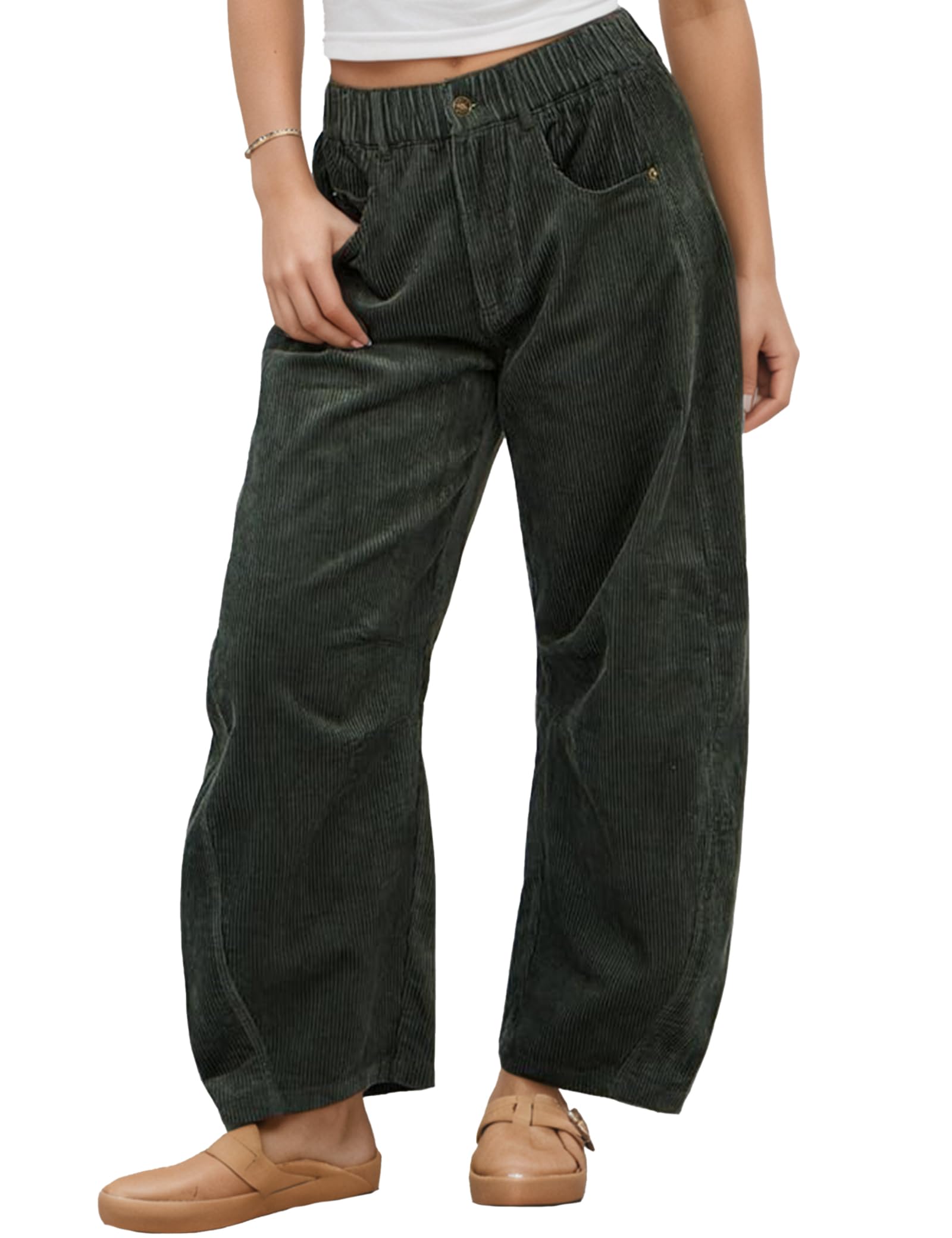 Womens Corduroy Pants Mid Rise Barrel Jeans Casual Baggy Wide Leg Cropped Ankle Pants with Pockets Fall Winter