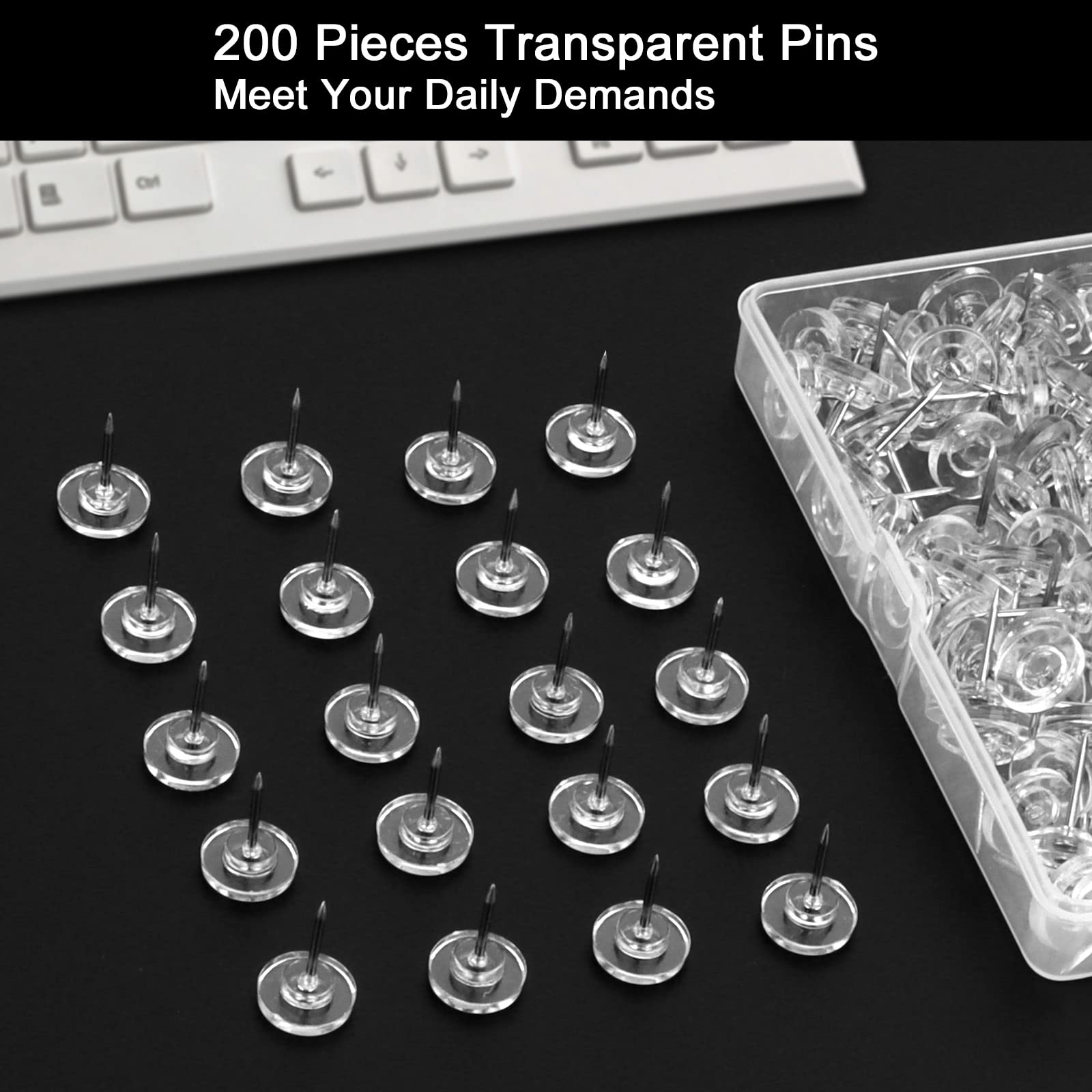 200 sztuk przezroczystych pinezek, długość 17 mm, płaskie pinezki, dekoracyjne z pudełkiem do przechowywania, do tablicy, mapy świata, tablicy korkowej
