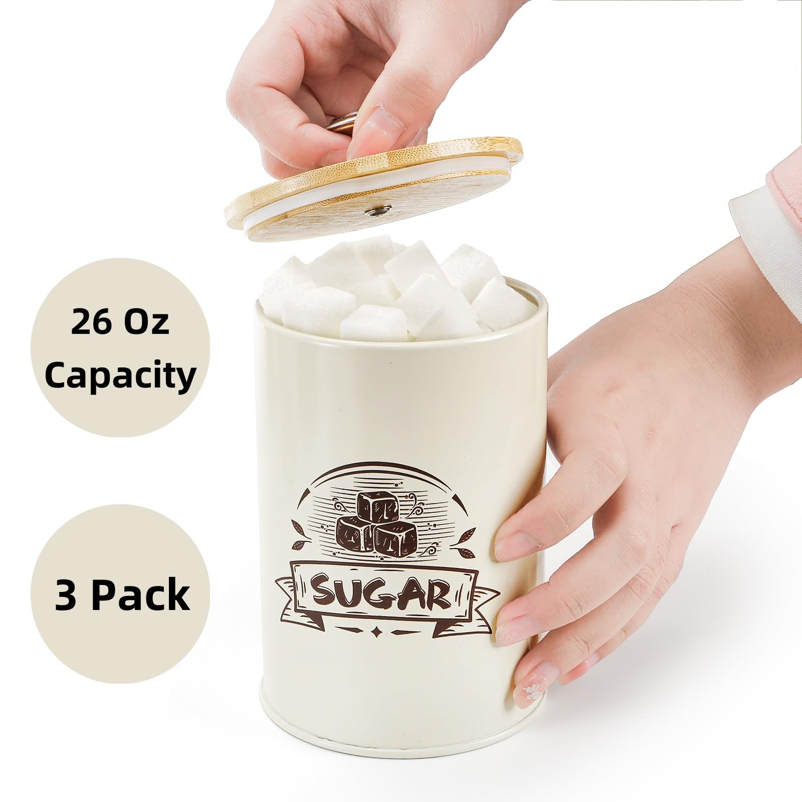 Covzoe Juego de 3 botes de cocina herméticos de hierro con tapas de bambú, contenedores de almacenamiento de harina y azúcar para encimera, contenedores de almacenamiento de alimentos para café, té