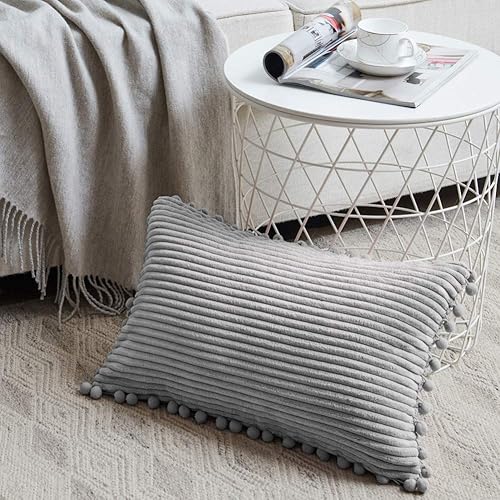 Vista 248 de Fancy Homi - Paquete de 2 fundas decorativas color gris oscuro para cojines, fundas rectangulares de pana suave y con pompones, estilo bohemio