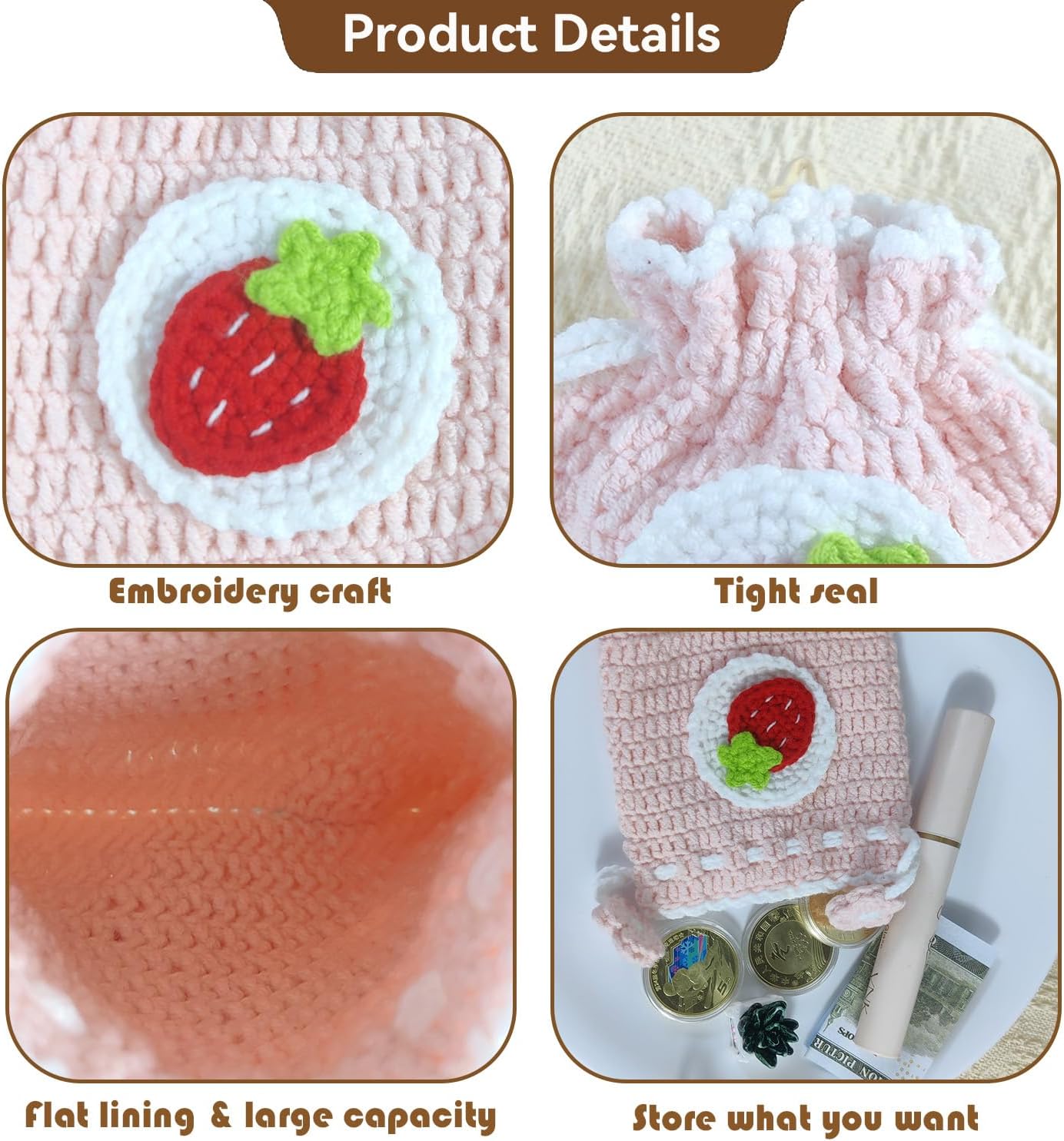 Small Crochet Purse 100% Handmade Knitted Storage Bag Cute Funny Kawaii Coin Change Purse Pouch Mini Cartoon Shark Funny Plush Drawstring Headphone Wallet for Women Girls Gift(Strawberry)