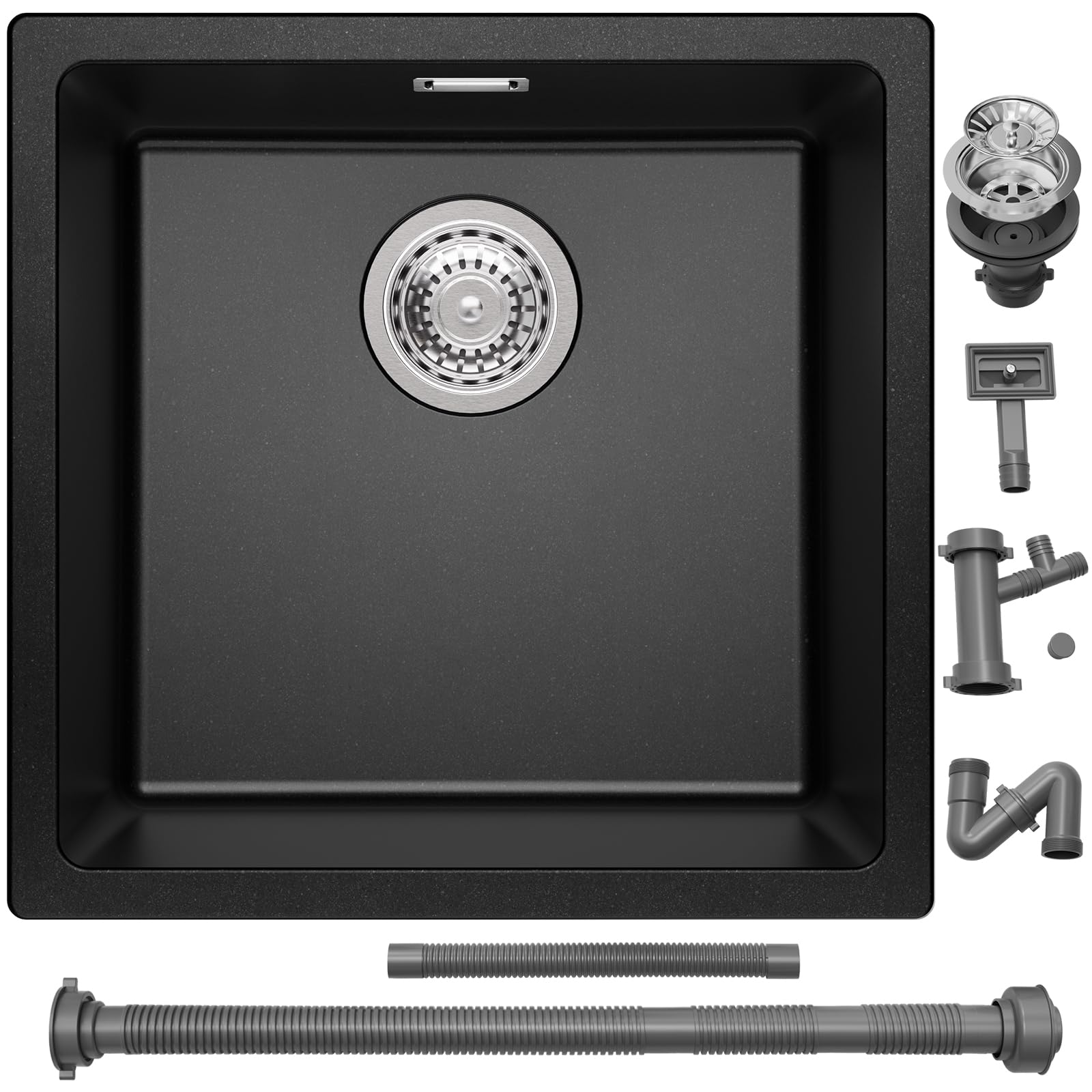 Auralum Lavandino Cucina 45 x 44 cm, Lavello Cucina 1 Vasca, Lavabo Nero in Granito con Sifone Classico e troppopieno, Adatto a Mobili Oltre 45cm