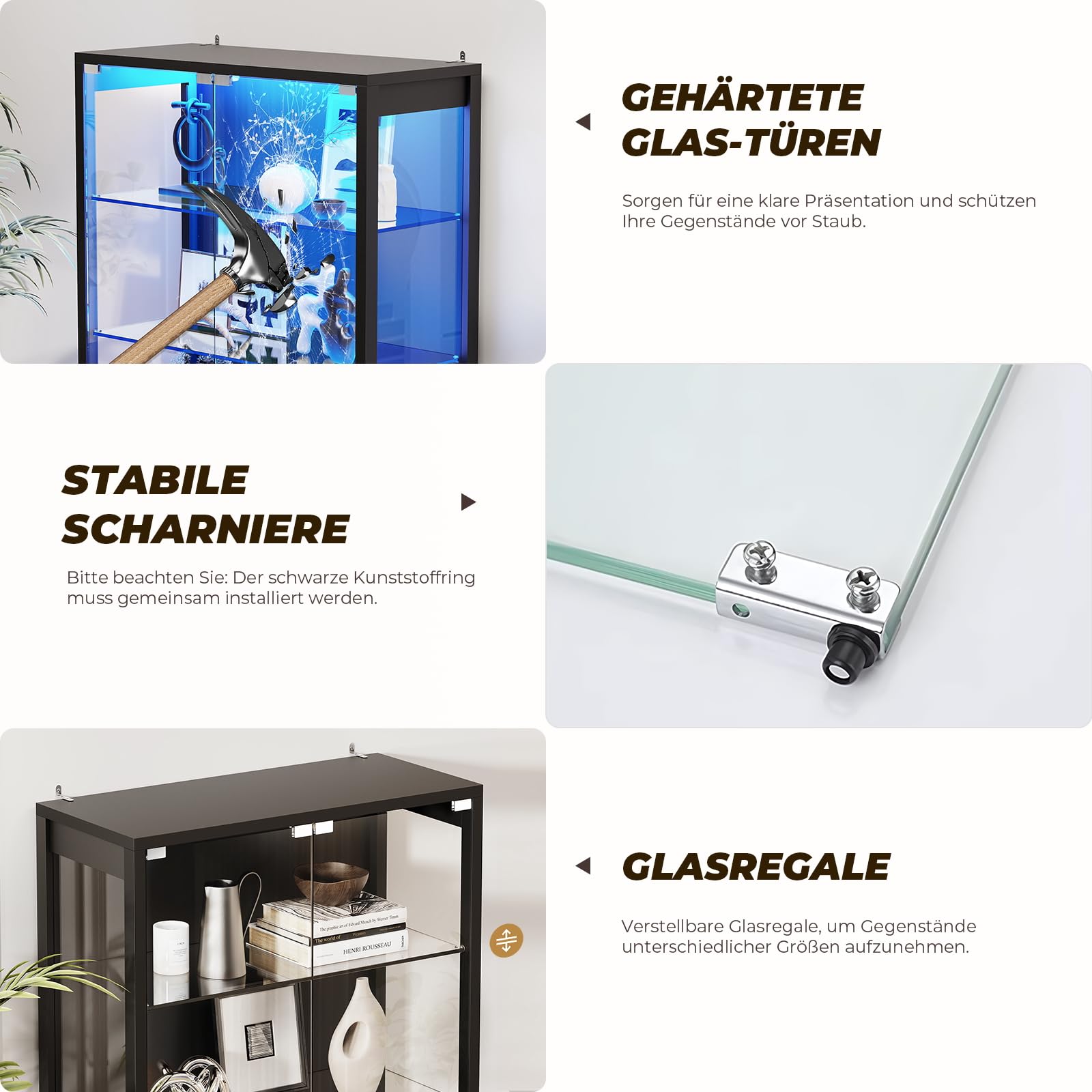 BROTTAR Vitrine mit Glastür, 6-stufige 180cm Vitrine mit 3 Farblichten für Sammlerstücke, Vitrine mit verstellbaren Glasträgern, Körperkensorsensor, Aufbewahrungsschränke, Schwarz