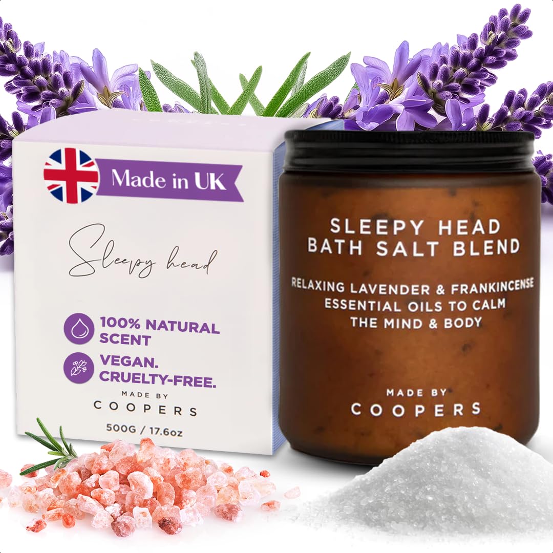 Made by Coopers Sleepy Head Bath Salt Blend | Epsom Bath Salts with Himalayan Salt | Relaxing Aromatherapy with Organic Lavender, Frankincense & Lavender Buds | Vegan & Cruelty Free | 500g