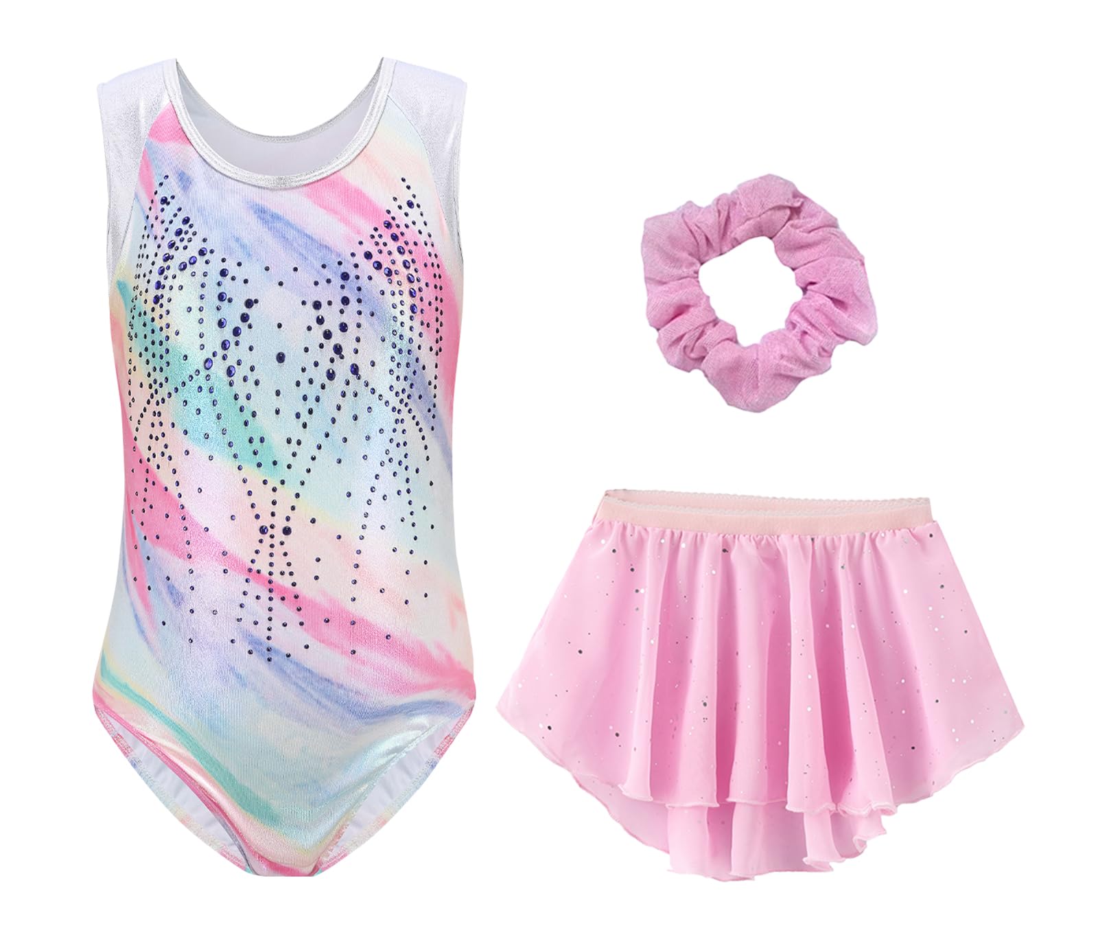SEAUR Fille Justaucorps Gymnastique Sans Manches Gymnastique Ensemble Gymnastique avec Jupe et Bandeau Multicolore Glitter 5-12 ans