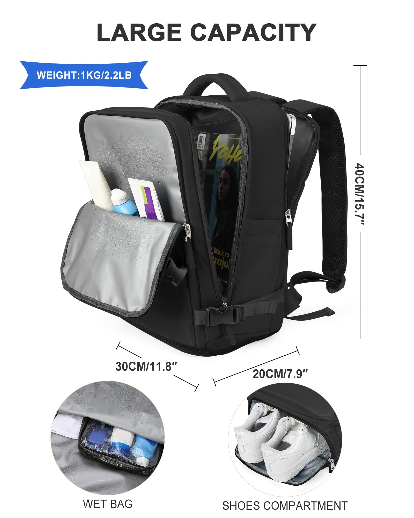 SZLX Zaino Ryanair 40x30x20 Sottovuoto Zaino da Viaggio 40x20x25 Bagaglio a Mano 40x30x20 Wizzair Donna Uomo Borsa da Cabina per Easyjet 45x36x20 Adatto a Laptop da 14 Pollici Impermeabile per Lavoro