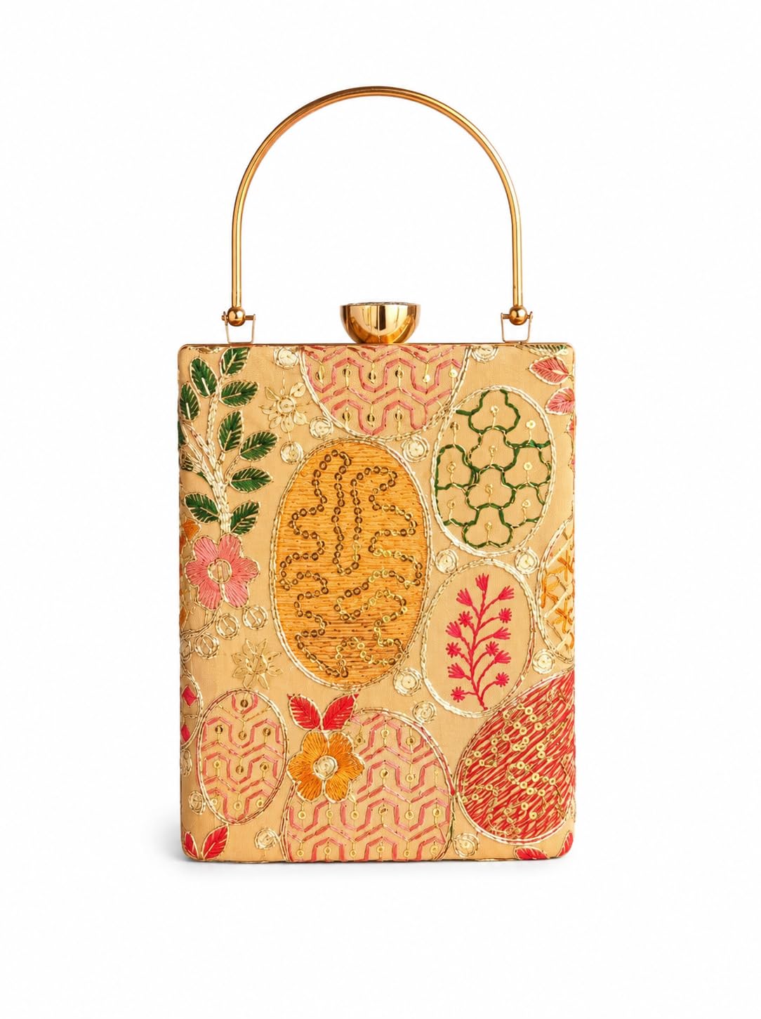 Multicolour Embroidered Box Clutch Bag with Gold Metal Handle, Chain Strap and Jewel Clasp-image-5