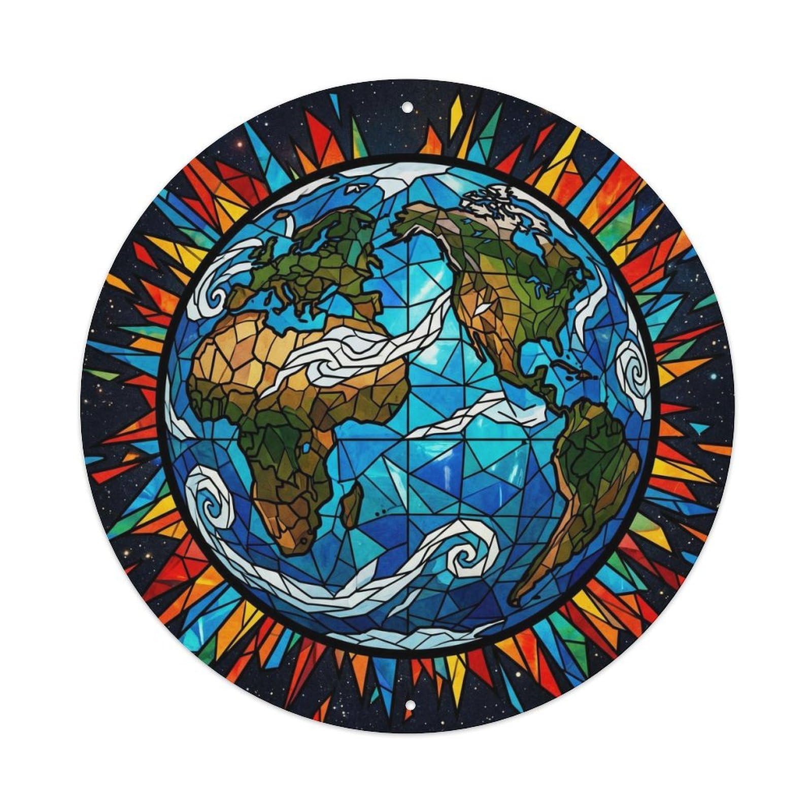 Earth Blue Planet Stained Glass Cosmic Orbit Celestial Galaxy Metal Tin Sign Plaque Wall Decor for Cafe, Man Cave, Club Bar, Office, Home Garden Round Metal Poster 8x8Inch