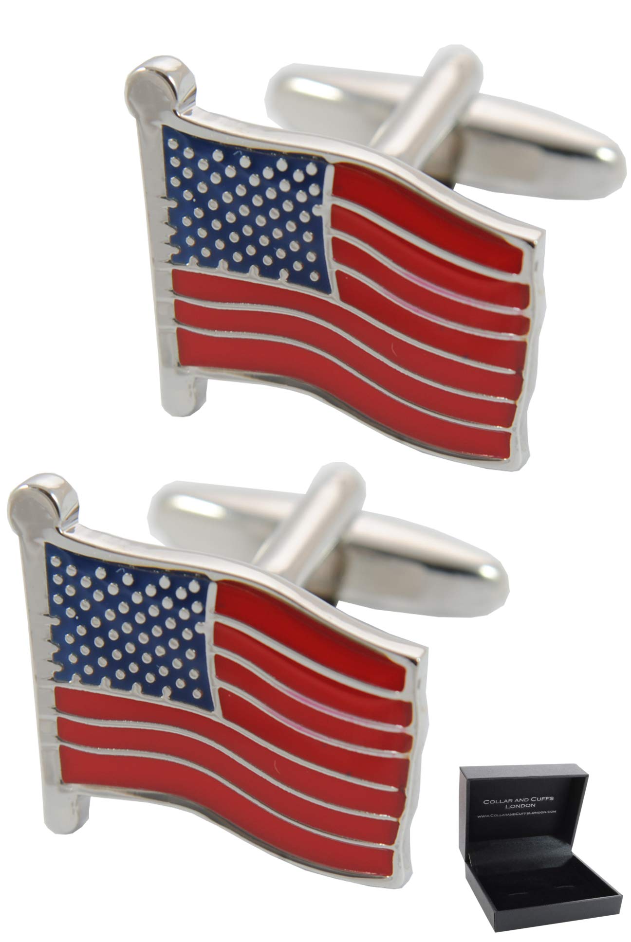 Boutons de Manchette - Avec Boîte - Américains - Drapeau des Etats-Unis | Pour Homme - Laiton - Couleur Argent, Bleu et Rouge - Amérique USA - Une Paire