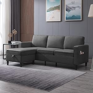 Mjkone Sectional Sofa for Living Room 3 Seater Convertible Sofa Couch with 2 Side Pockets Modern Modular Sofa