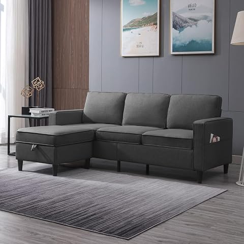 Mjkone Sectional Sofa for Living Room 3 Seater Convertible Sofa Couch with 2 Side Pockets Modern Modular Sofa