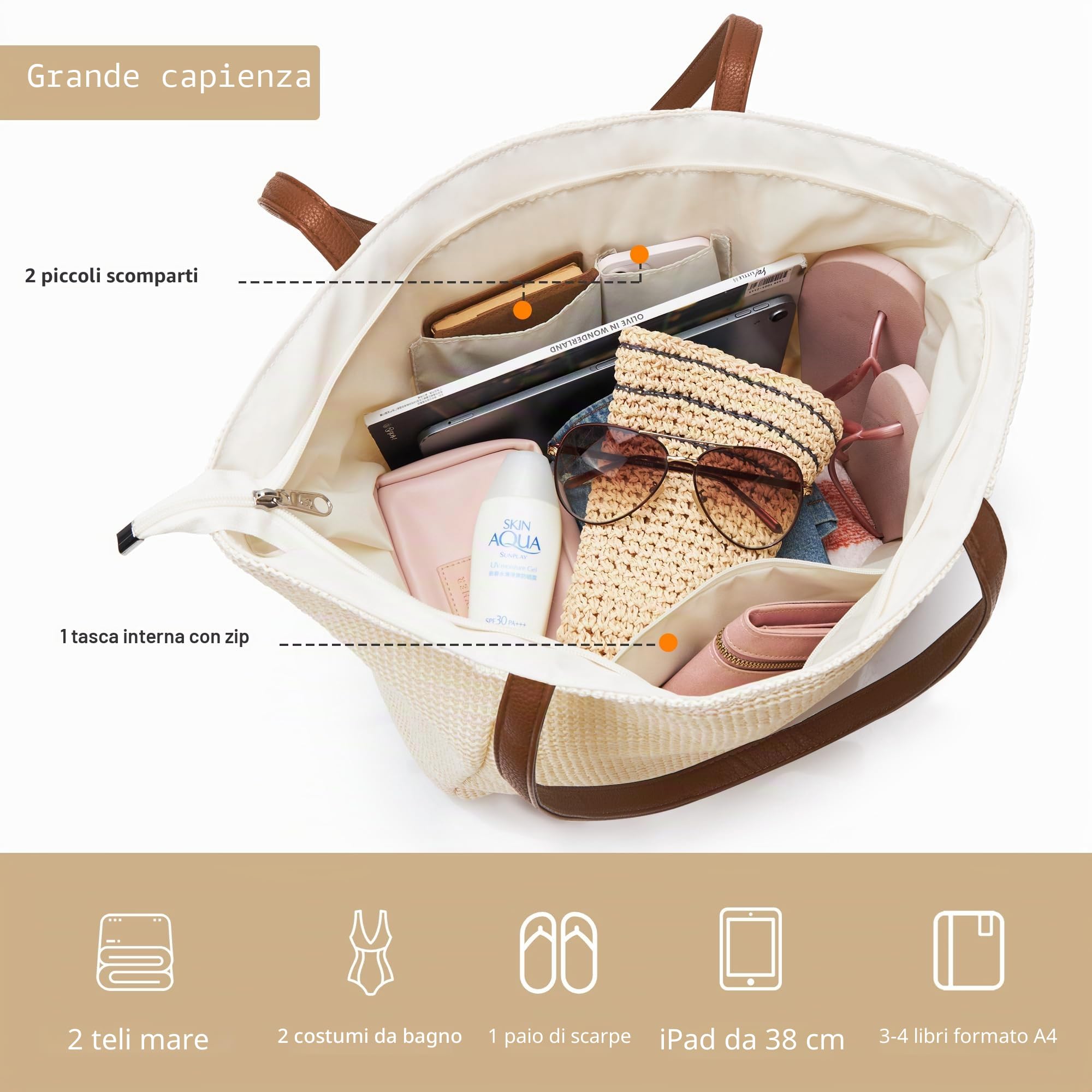 KALIDI - Grande borsa di paglia, borsa da spiaggia con cerniera, in plastica riciclata marina, design simile alla paglia, borsa tote per vacanze estive e uso quotidiano