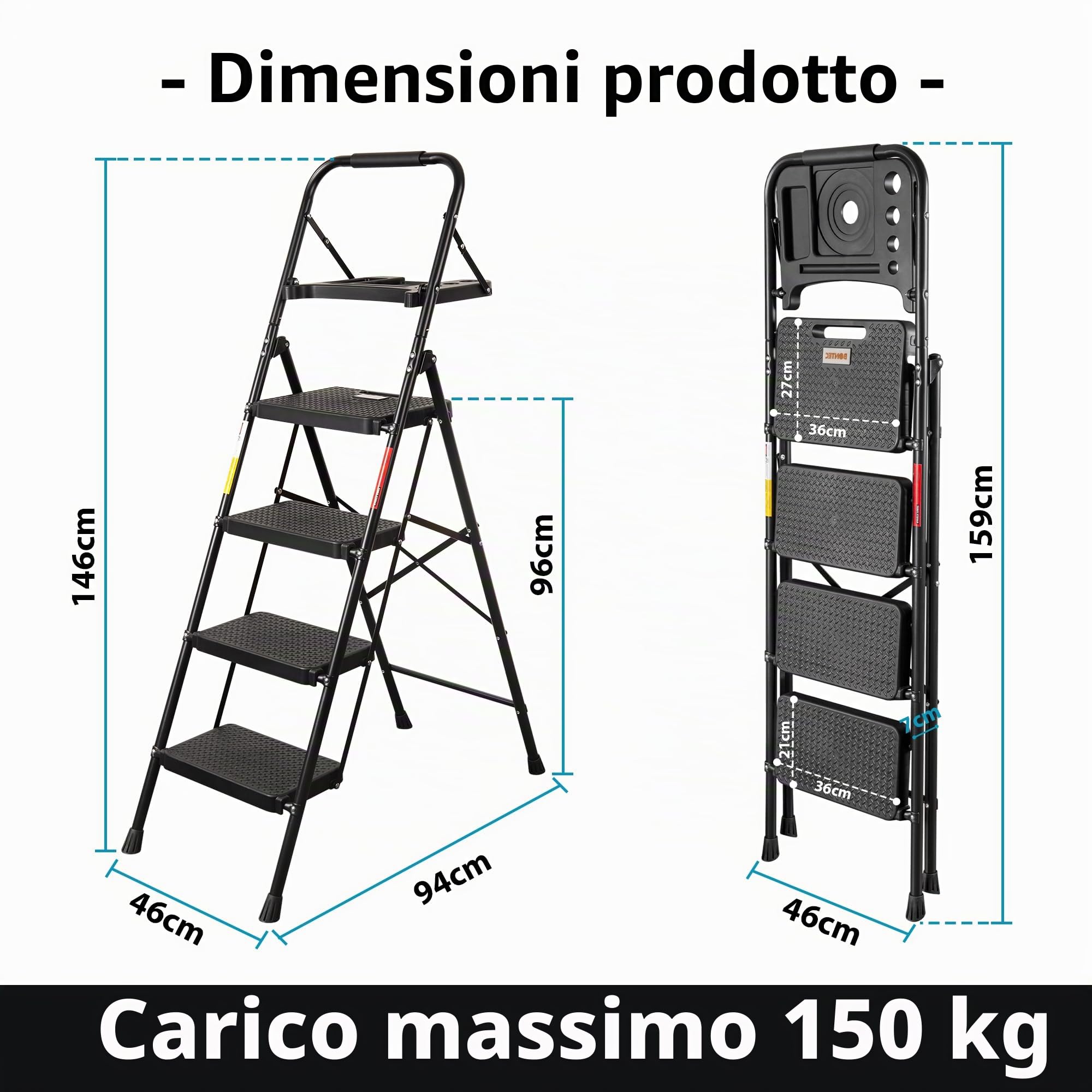 BONTEC Scala 4 gradini, sgabello pieghevole con piattaforma per attrezzi, ampi pedali antiscivolo, scala robusta in acciaio resistente da 150 kg, comoda impugnatura, sgabello portatile in acciaio