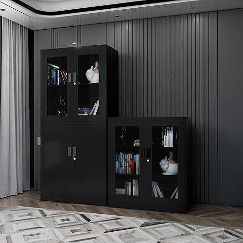 Miniatura 9 de MIIIKO Armario de almacenamiento de metal negro con puertas de cristal, armario de exhibición negro con estantes ajustables y puertas de bloqueo,