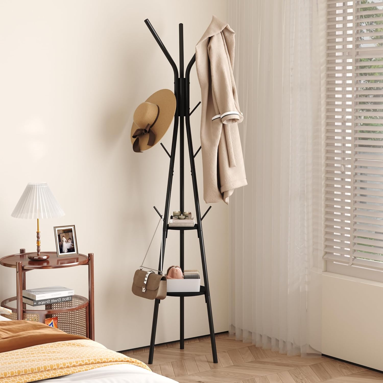 HOMEFORT Coat Rack, Coat Hanger Stand with 2 Shelves, Freestanding Hall Tree, Metal Hat Hanger with 12 Hooks for Clothes Hats and Scarves (Black)