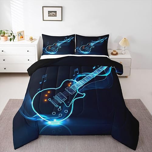 Miniatura 9 de Erosebridal Juego de ropa de cama de guitarra, tamaño Queen, juego de edredón de música hiphop rock, hippie, rock, notas musicales, edredón de Multi