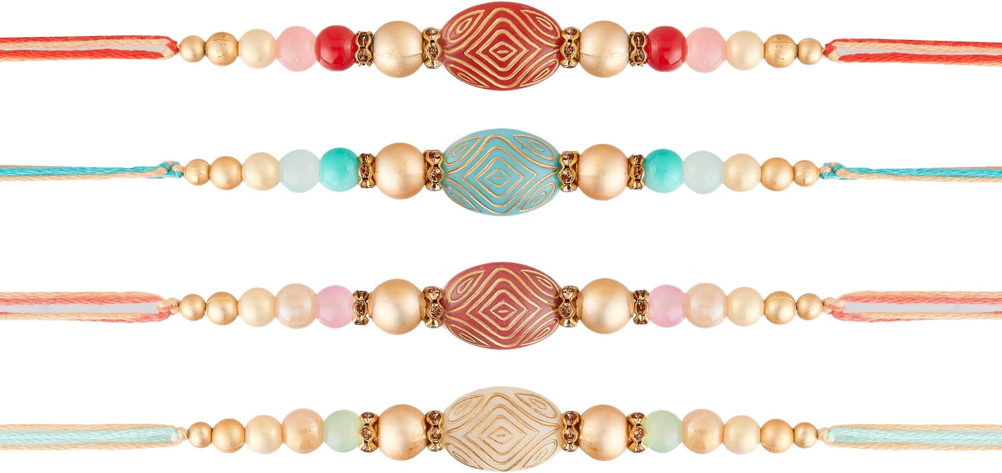 Rakhi For Brother Set Of 4 Designer Fancy Bracelet on Rakshabandhan Traditional Metal Rakhis with Plastic Free Packaging RAK2022014, Cotton, no gemstone