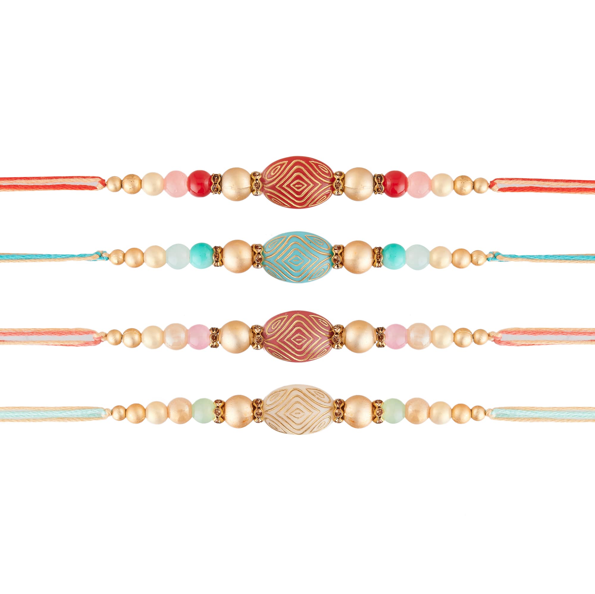 Rakhi For Brother Set Of 4 Designer Fancy Bracelet on Rakshabandhan Traditional Metal Rakhis with Plastic Free Packaging RAK2022014, Cotton, no gemstone