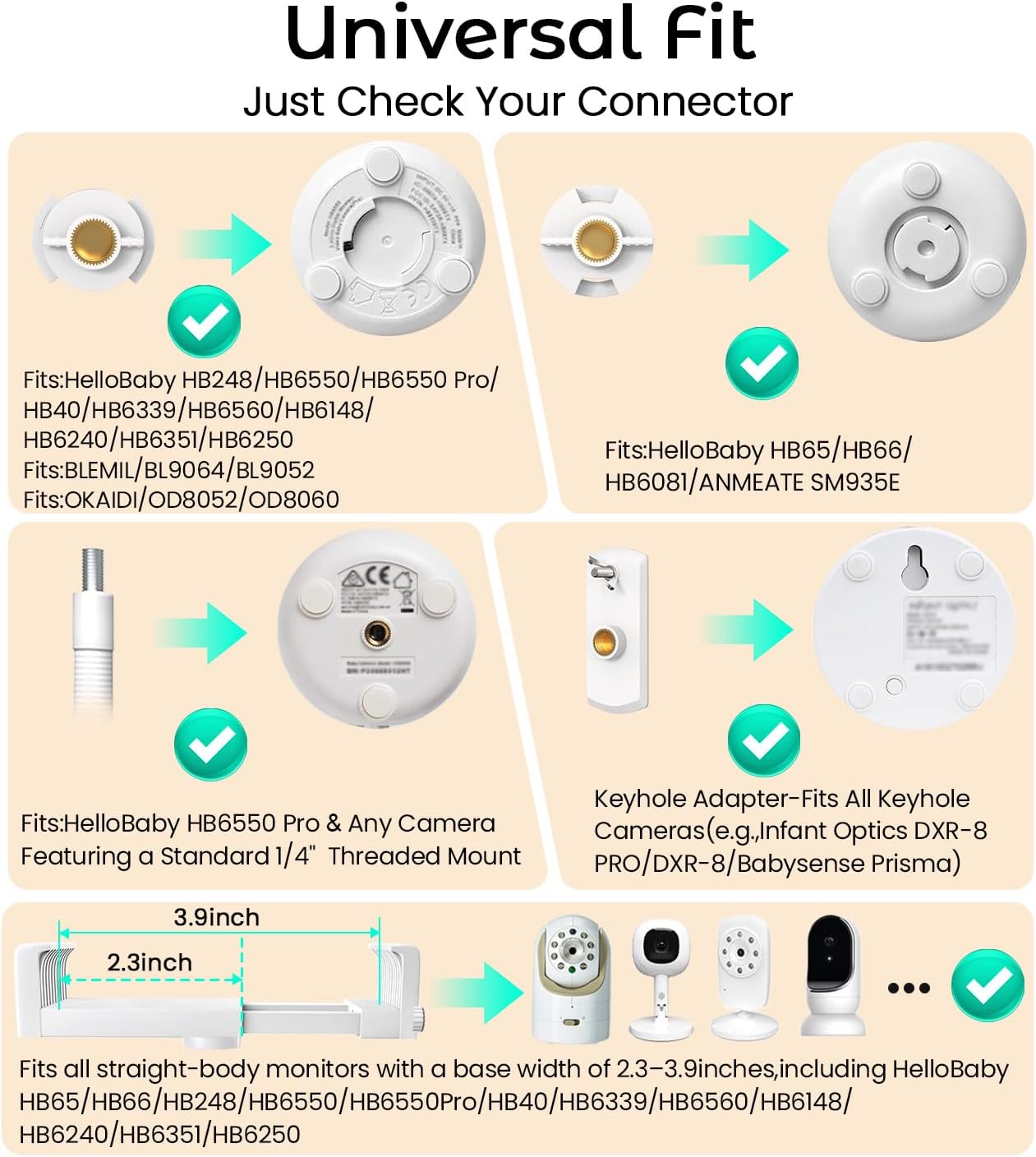 Flexible Baby Monitor Mount for HelloBaby HB6550,HB6550Pro,HB6560,HB65,HB6351,HB40,HB6339,HB6336,ANMEATE SM935E,1/4" Thread Cameras,8" Gooseneck Clip Monitors Holder,No Wall Damage