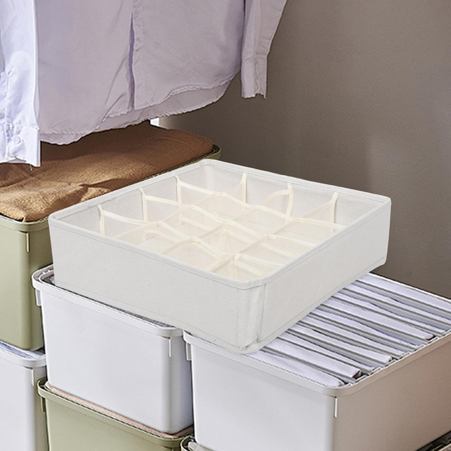 Fabric Drawer Organizer for Socks and Underwear, Foldable Cotton Linen Storage Box with 16 Compartments, Small Sock and Bra Storage Bin for Closet and Dresser Use