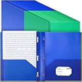 Cholemy 72 Packs Pocket Folders with Prongs Heavy Duty Plastic Folder with Business Card Slot 3 Prong Fasteners for School Office (Blue,Green)