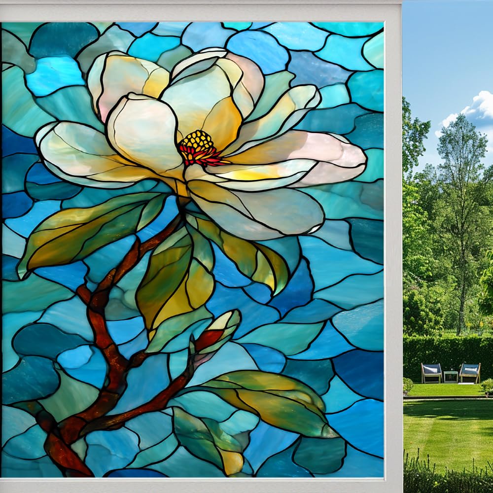 Pmlbaous Natural Flowers Privacy Window Film, Abstract Plant Magnolia Frosted Self-Adhesive Vinyl Cling For Glass Doors Bathroom Windows Sun Blocking Heat Control, （55X100cm）