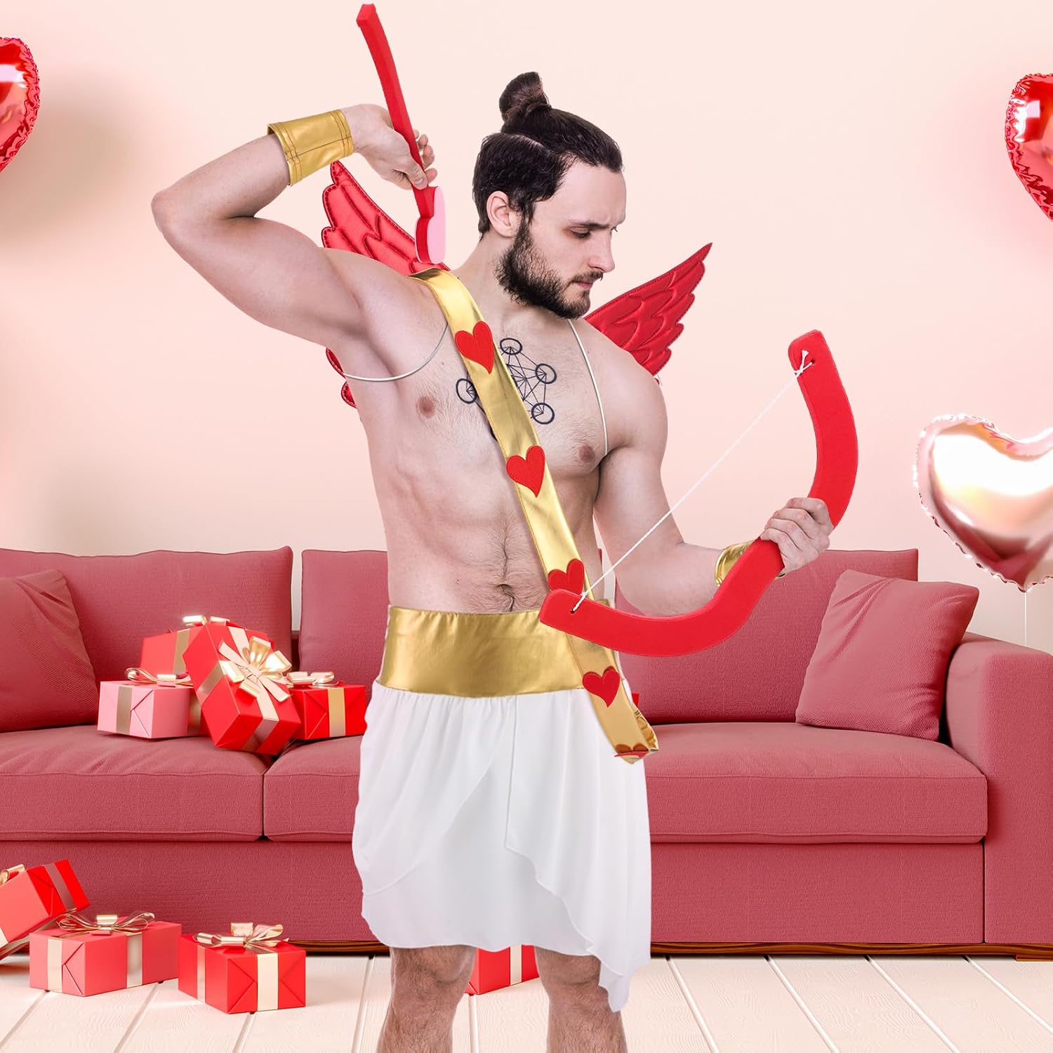 Cozypower Valentine's Day Cupid Costume for Adult Include Wings Arrow Bow Wrist Cuffs Body Sash Kilt for Valentine Dress Up
