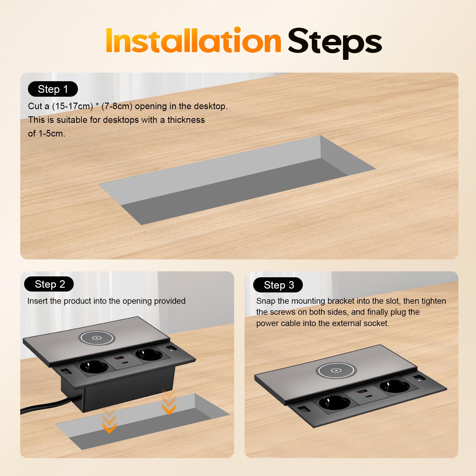 Base de enchufe de aluminio empotrable, con 2 enchufes euro, 1 USB-A, 1 USB-C PD 30W, carga inalámbrica, cable de 1,8 m, enchufe de mesa retráctil para cocina, escritorio y oficina
