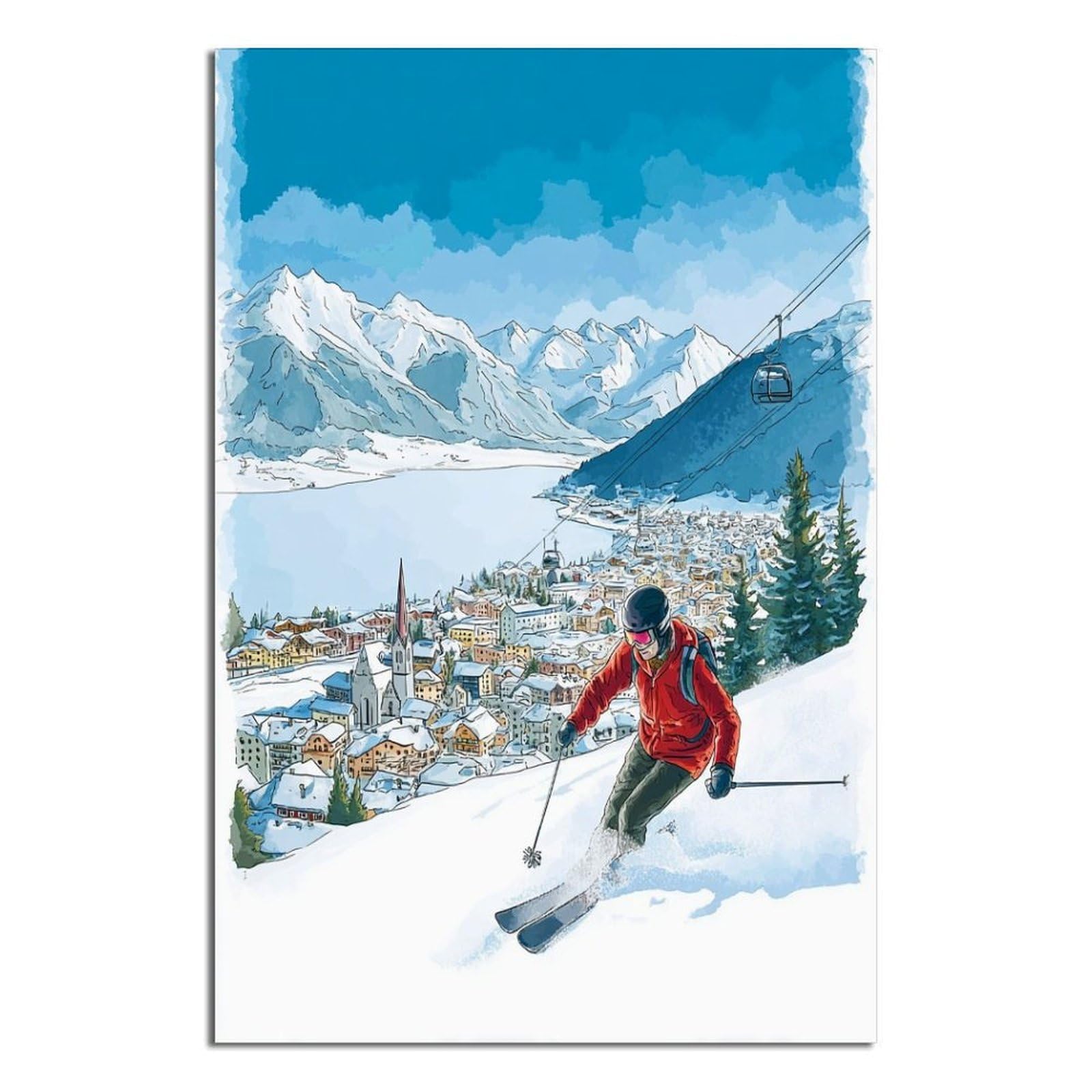 CFXNGA Zell Am See Austria Ski Posters 20x30inch(50x75cm) Vintage Watercolor Canvas Art